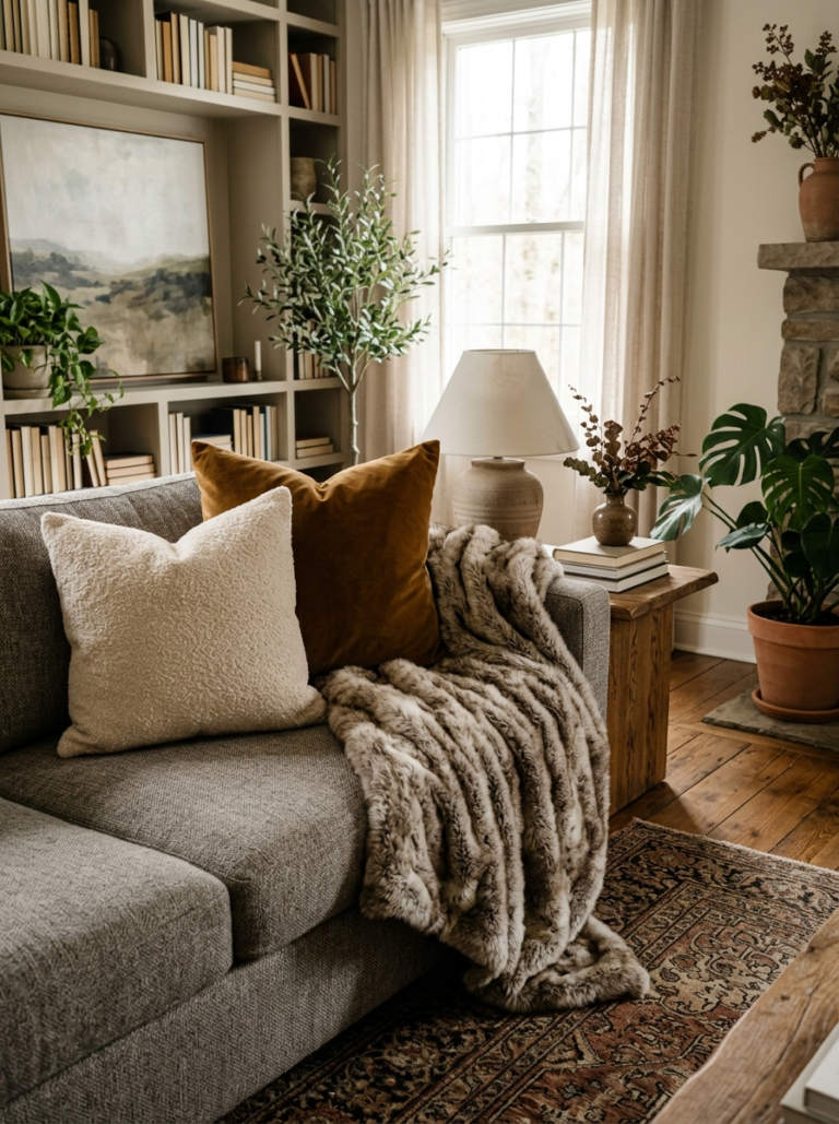 Superposition de textures sur un canapé : un coussin en velours ocre, un coussin en laine bouclée crème, et un plaid en fausse fourrure.