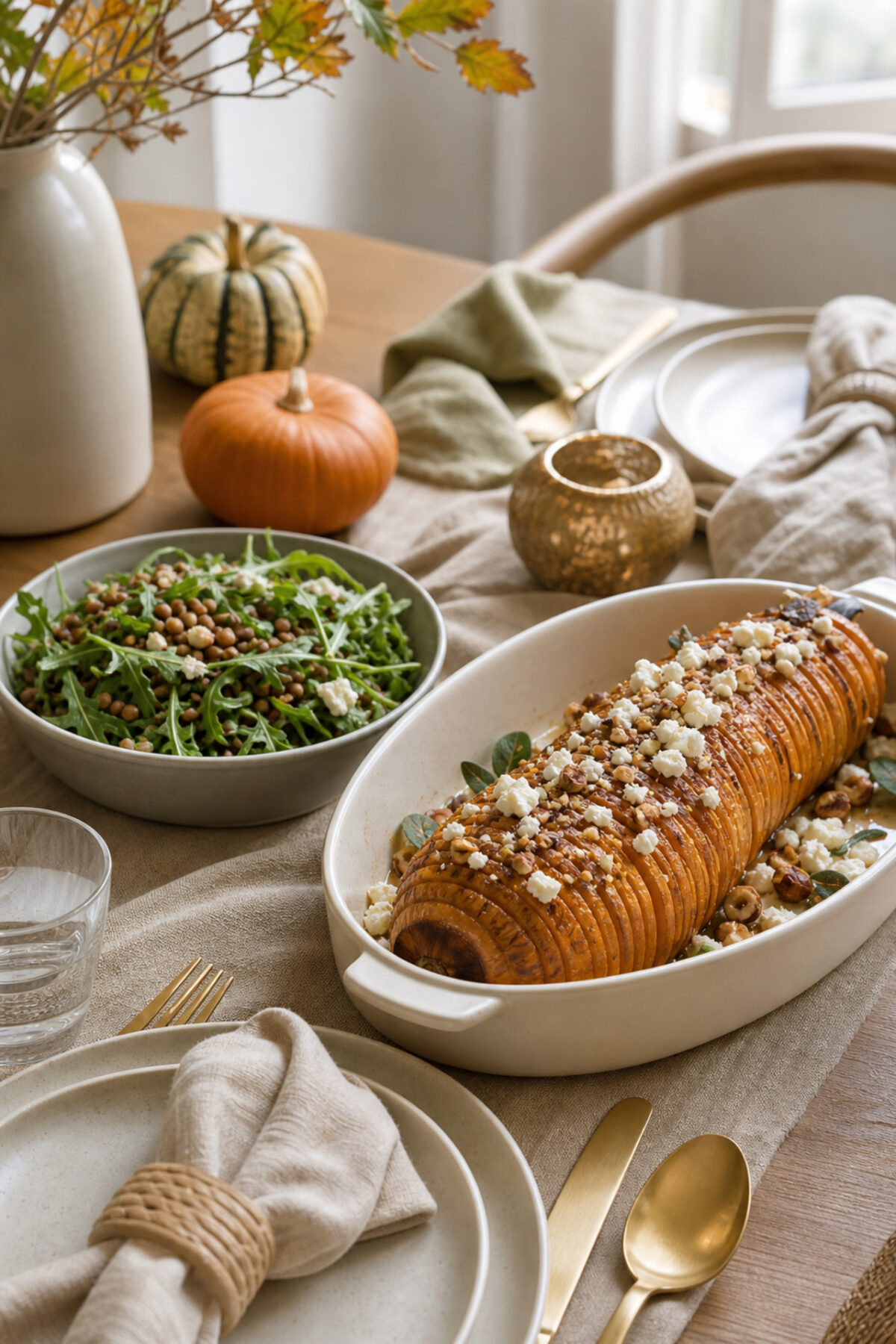 table d’automne avec butternut Hasselback, salade de roquette et lentilles, linge écru et vaisselle artisanale