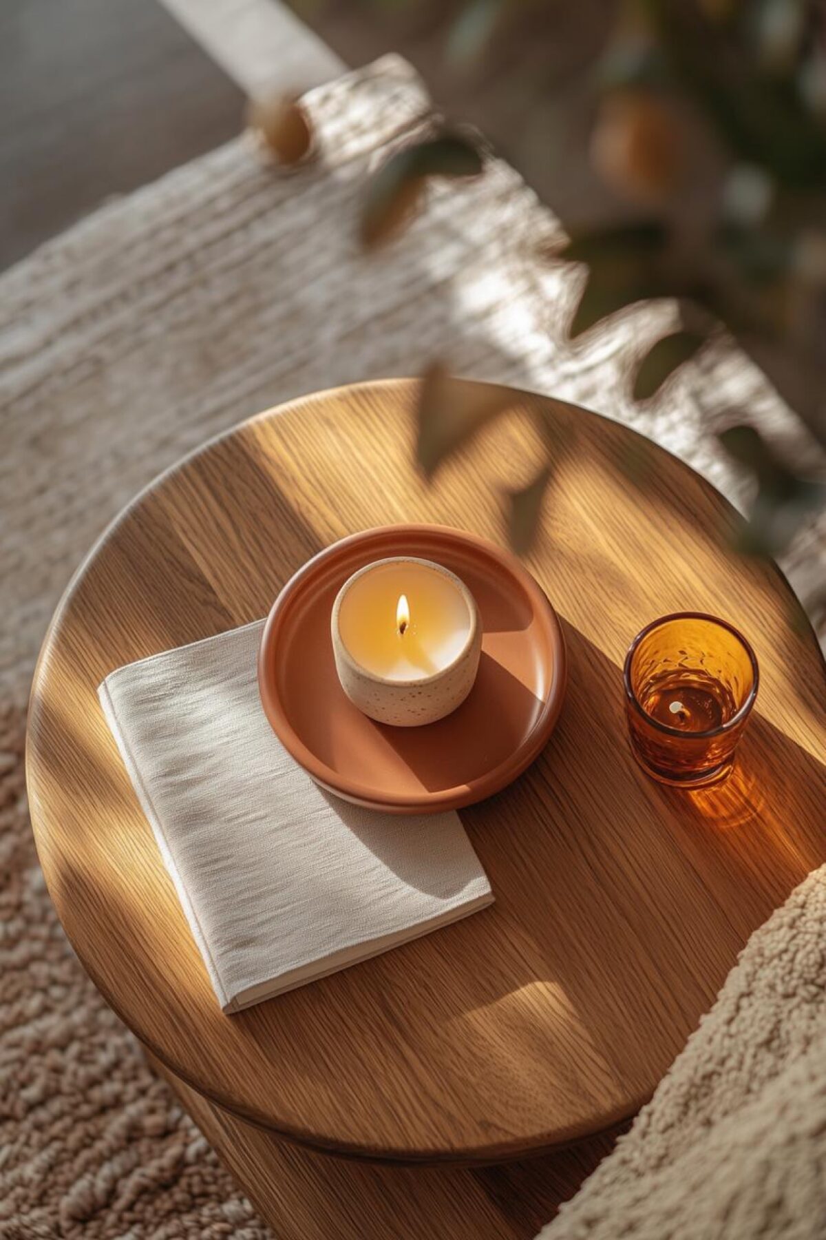 Table en bois baignée de soleil avec bougie dans une coupelle terracotta, verre ambré et textile crème
