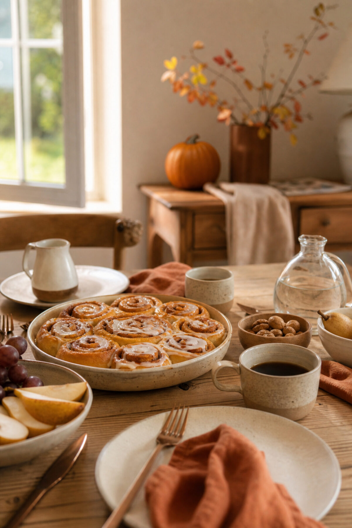 table de brunch d’automne avec cinnamon rolls au potimarron, café, fruits et linge terracotta