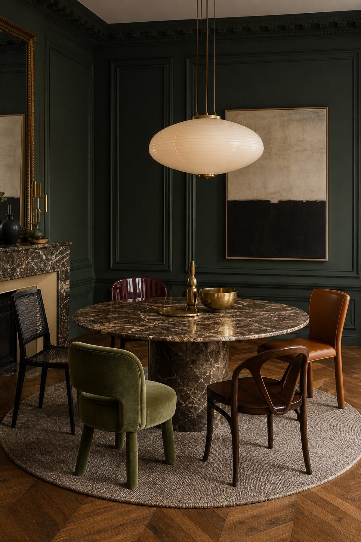 table ronde en marbre entourée de chaises dépareillées en velours vert, cuir tabac, bois sombre et laque bordeaux