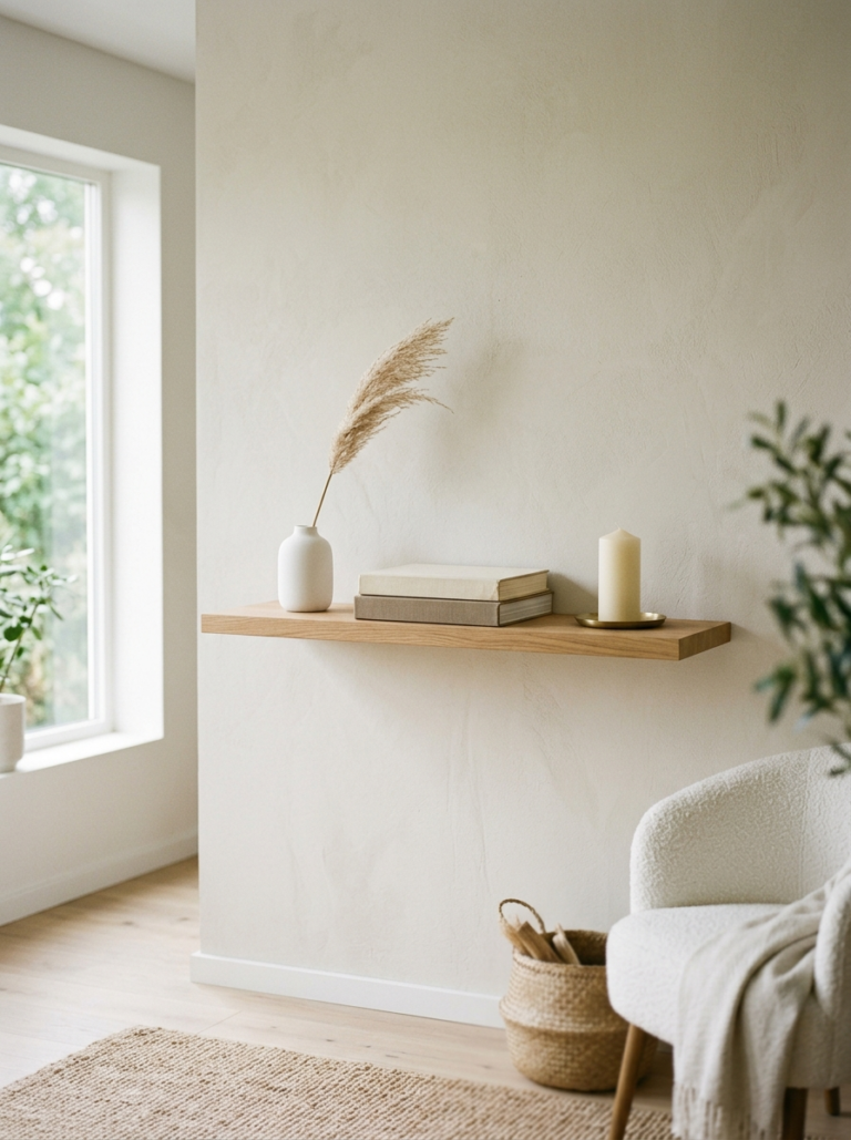 Étagère en bois avec des accessoires DIY et abordables : un vase simple, une bougie et des livres sans couverture pour une décoration épurée.