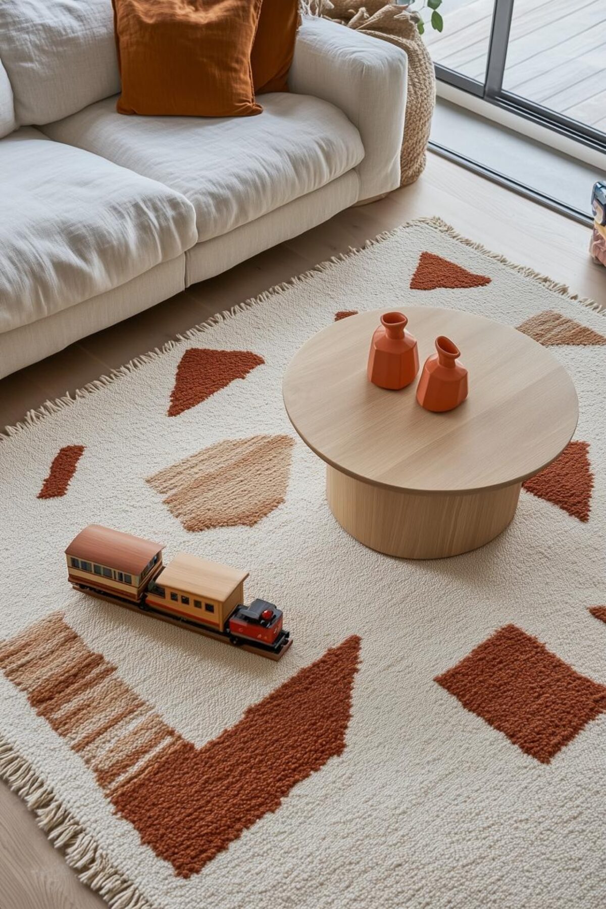 tapis graphique à poils ras avec table basse ronde en bois, canapé écru et petit train en jouet dans le salon