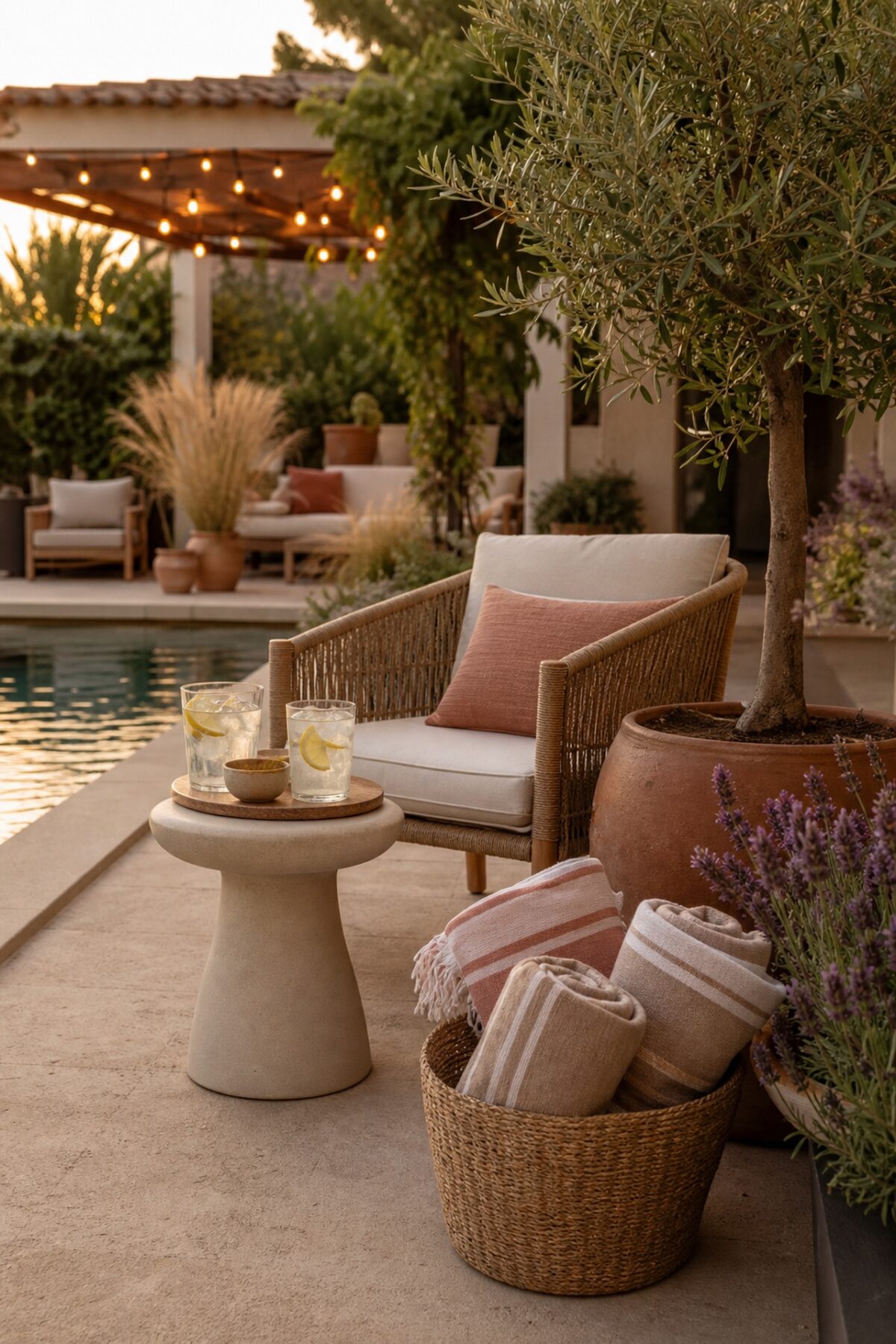 terrasse de piscine avec fauteuil en rotin, serviettes rayées, olivier en pot, guirlande lumineuse et ambiance de vacances à la maison