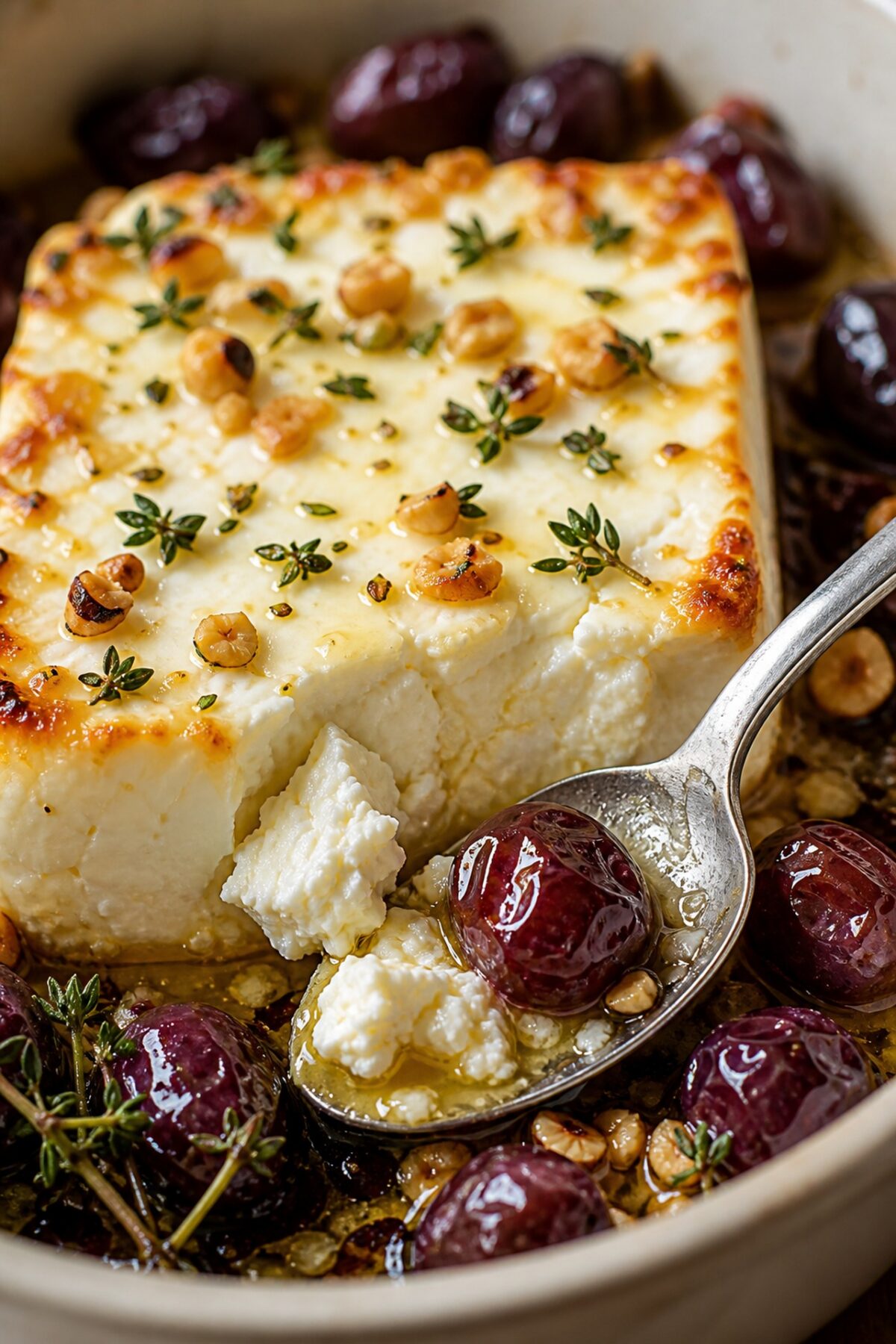 cuillère prélevant la feta rôtie crémeuse avec un raisin violet et un peu de jus au miel