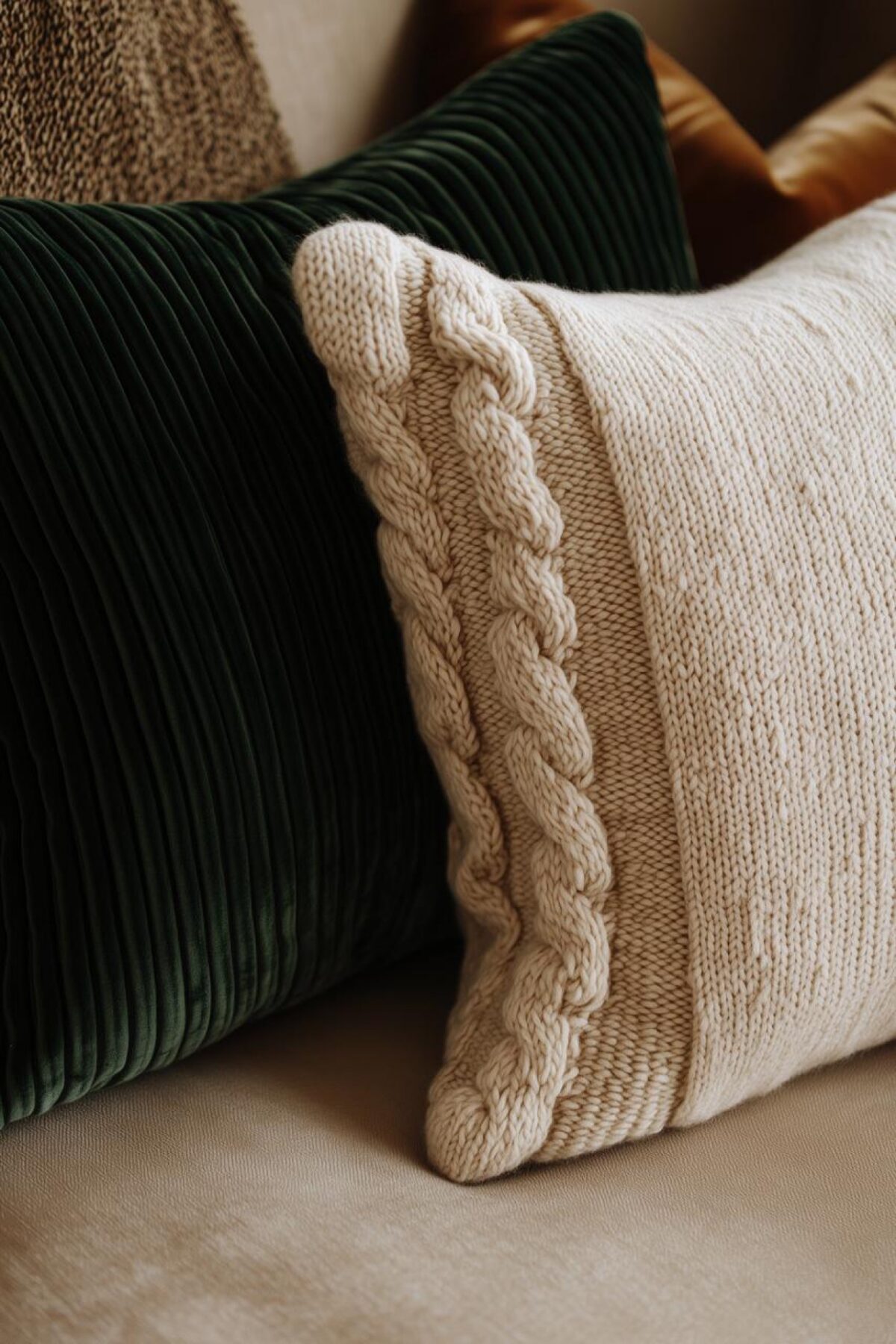 Gros plan sur coussin en maille crème et coussin vert côtelé sur un canapé aux tons chauds