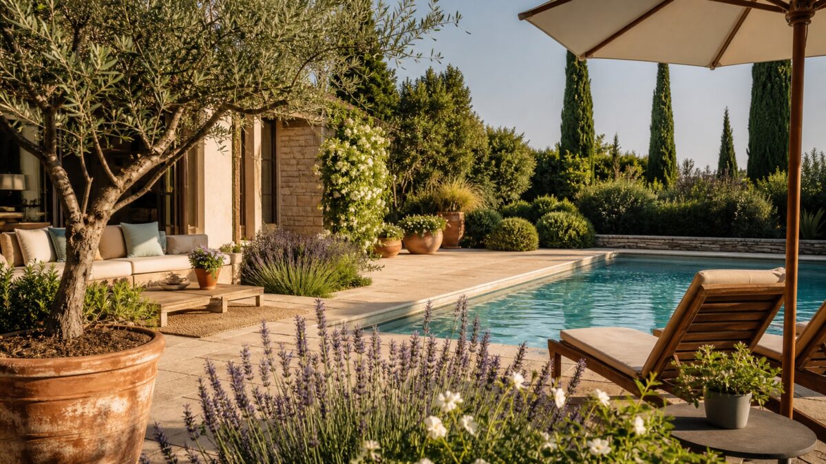jardin transformé en espace de vacances à la maison avec piscine, terrasse en pierre claire, transats, parasol et plantes méditerranéennes
