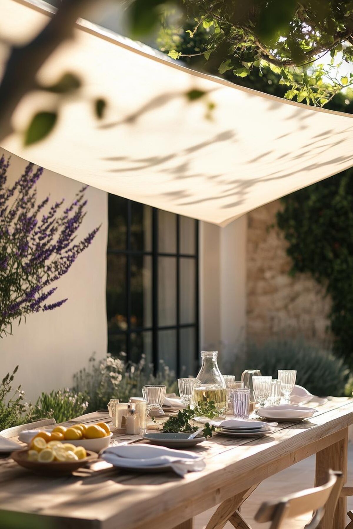 Transformer son jardin en espace de vacances avec une table d’été dressée sous une voile d’ombrage crème, des citrons et des verres cannelés dans un jardin méditerranéen