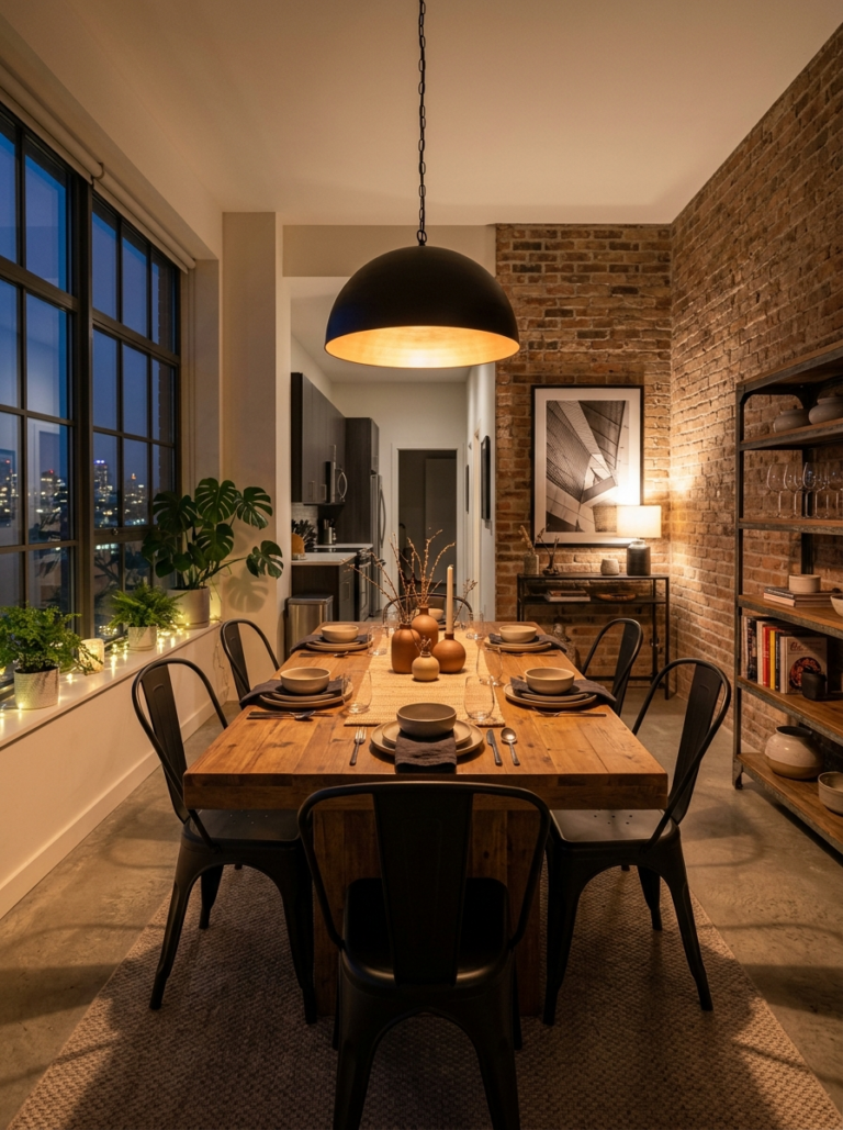 Un coin repas de style industriel avec une table en bois, des chaises en métal et une grande suspension métallique allumée.