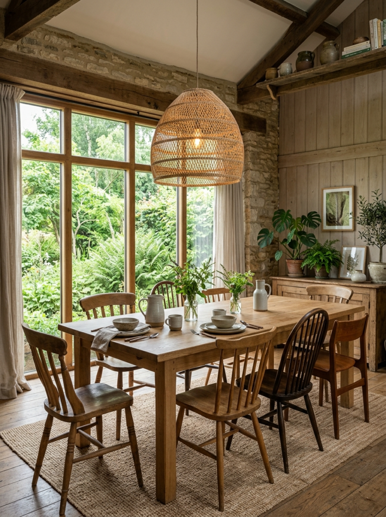 Salle à manger avec table en chêne, chaises en bois et luminaire en rotin, pensée avec peu d’objets mais des matières fortes.