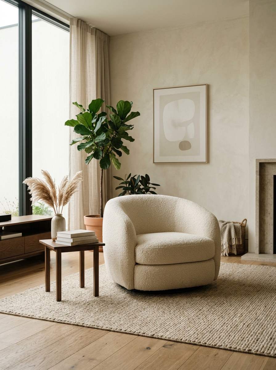 Un fauteuil en tissu bouclette blanc, confortable et design, pièce maîtresse d'un coin lecture.