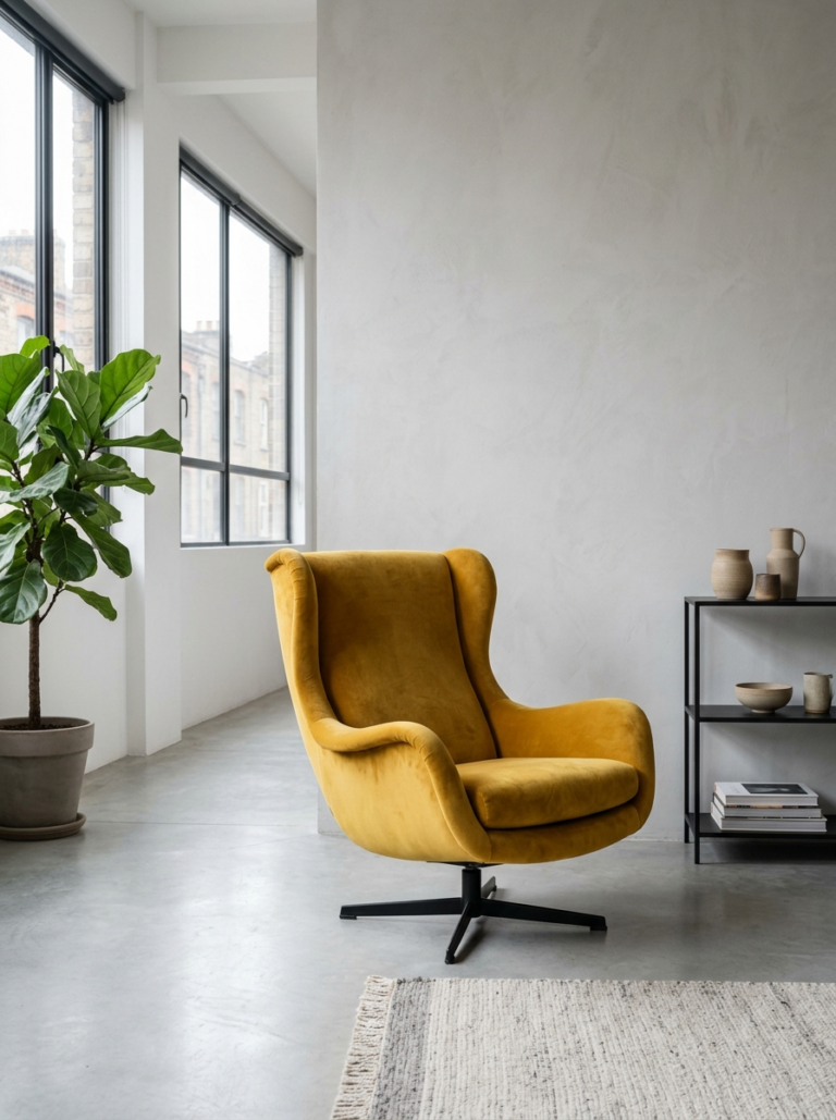 Fauteuil vintage retapissé en velours jaune moutarde, choisi comme pièce forte de seconde main dans un intérieur durable.