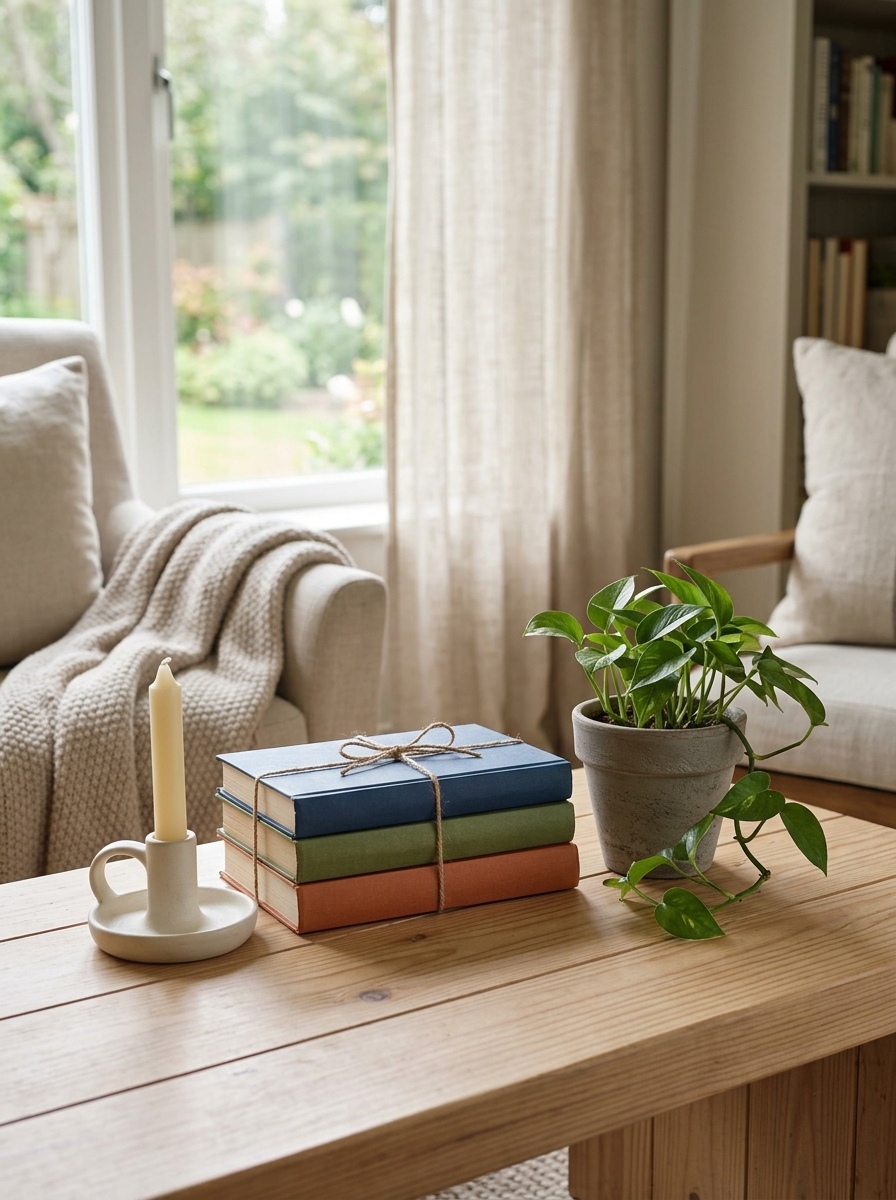 Un kit de démarrage pour coin lecture avec des livres, une plante et une bougie, pour tous les budgets.