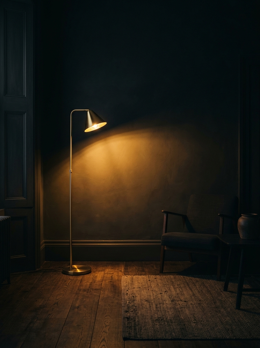 Un lampadaire design allumé, projetant une lumière chaude et dorée sur un mur, créant une ambiance tamisée et intime.