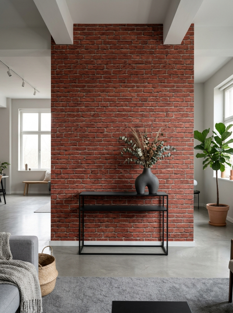 Un mur d'accent avec un papier peint adhésif imitation briques rouges très réaliste, devant lequel est placée une console en métal.