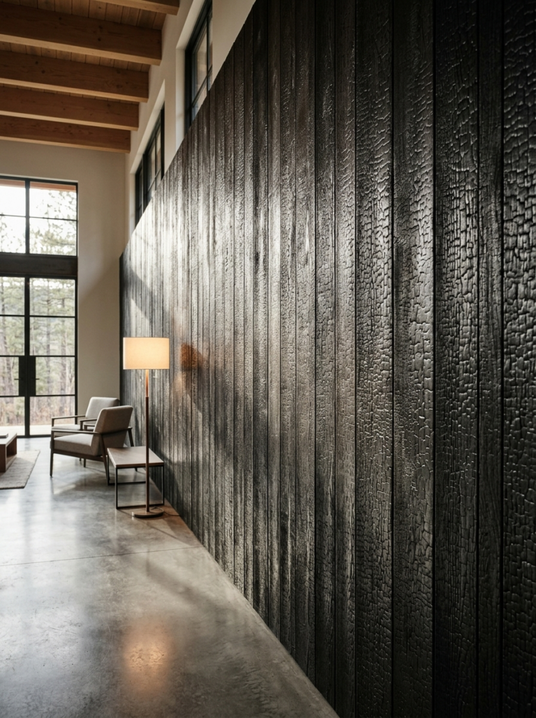 Mur intérieur en bois brûlé selon la technique Shou Sugi Ban, utilisé comme choix déco durable fort dans une pièce sobre.