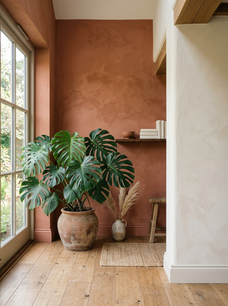Mur terracotta peint à la chaux naturelle avec plante verte, exemple de couleur durable qui donne du relief sans multiplier les objets.