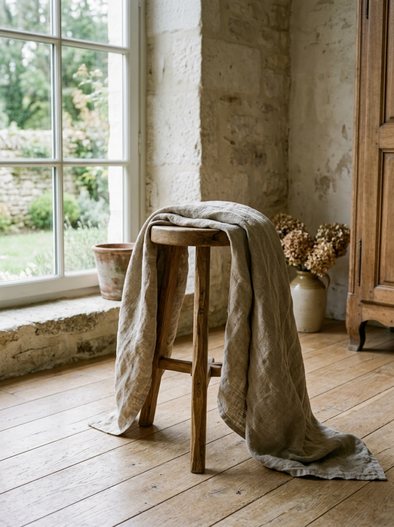 Un tabouret en chêne de fabrication artisanale avec un plaid en lin, représentant une touche authentique et 'Made in France'.