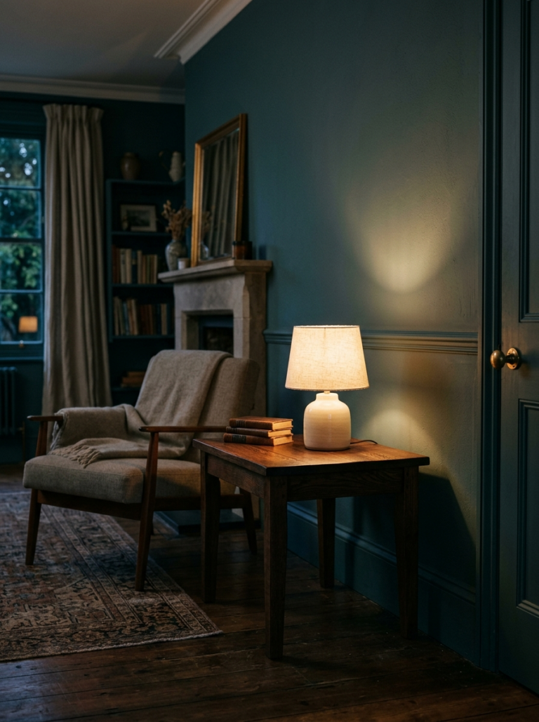 Une lampe de table allumée, projetant une lumière chaude et douce sur un mur, créant une ambiance intime et tamisée.
