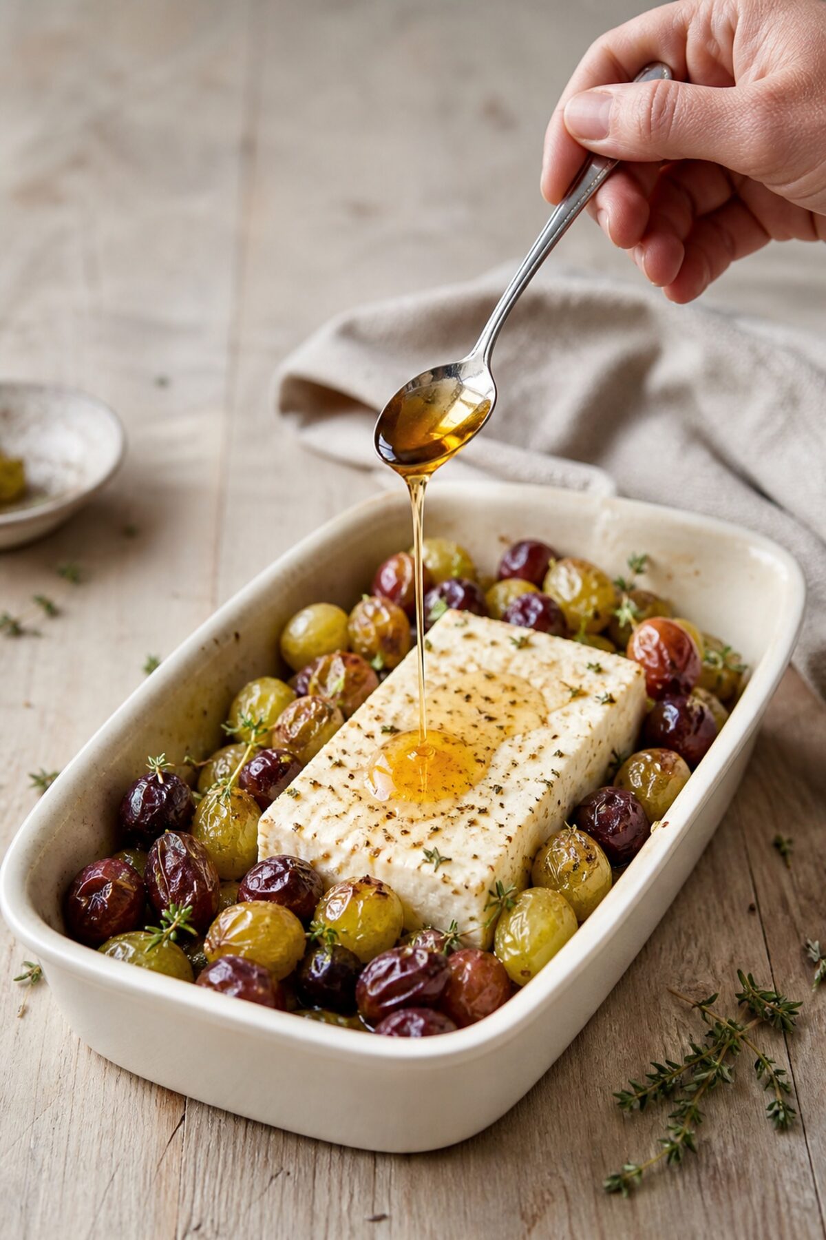 filet de miel versé à la cuillère sur un bloc de feta entouré de raisins partiellement rôtis