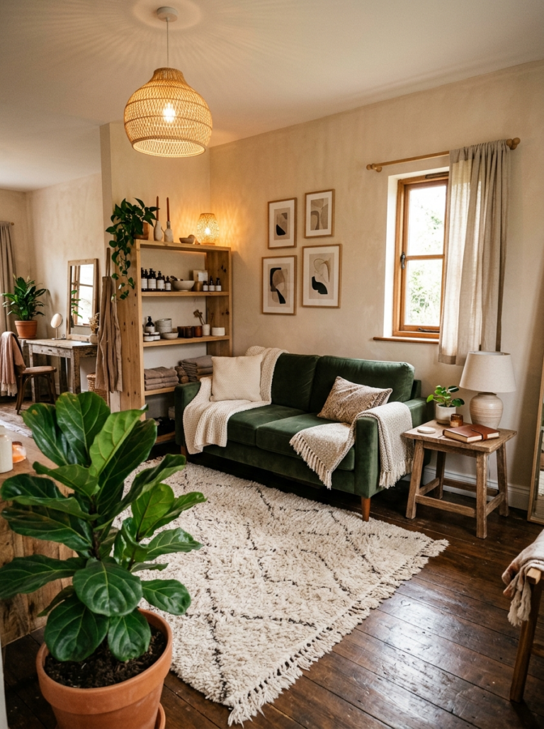 Vue d'ensemble finale du petit salon cocooning, montrant un espace harmonieux et accueillant, prêt pour l'automne.