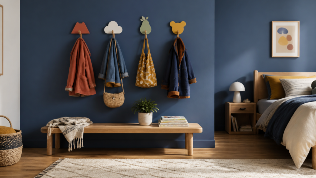 Chambre d’enfant bleue avec quatre patères colorées, des manteaux, un banc en bois et un panier tressé