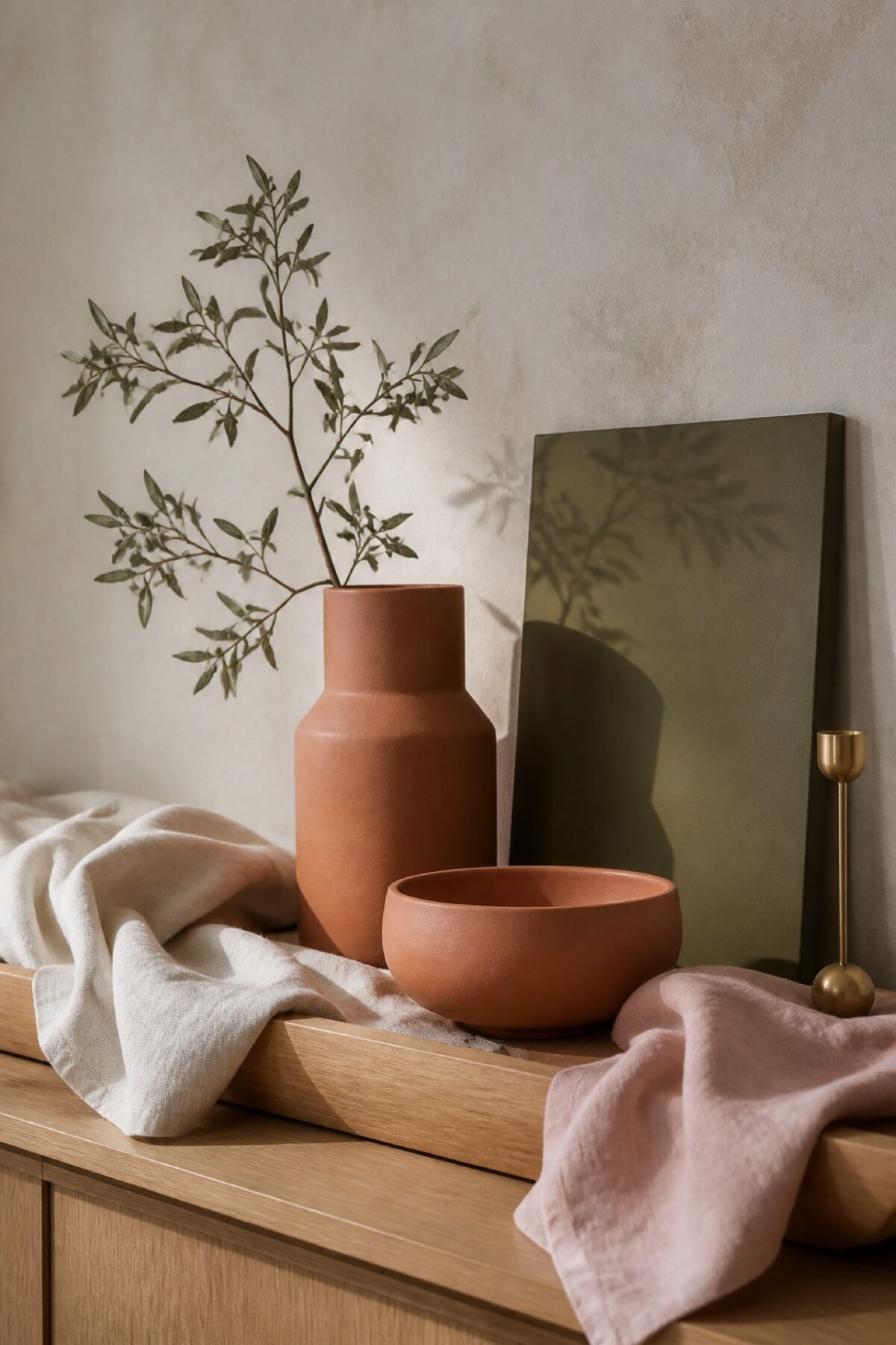 Composition déco avec vert kaki, blanc cassé, terracotta, rose poudré, bois et laiton