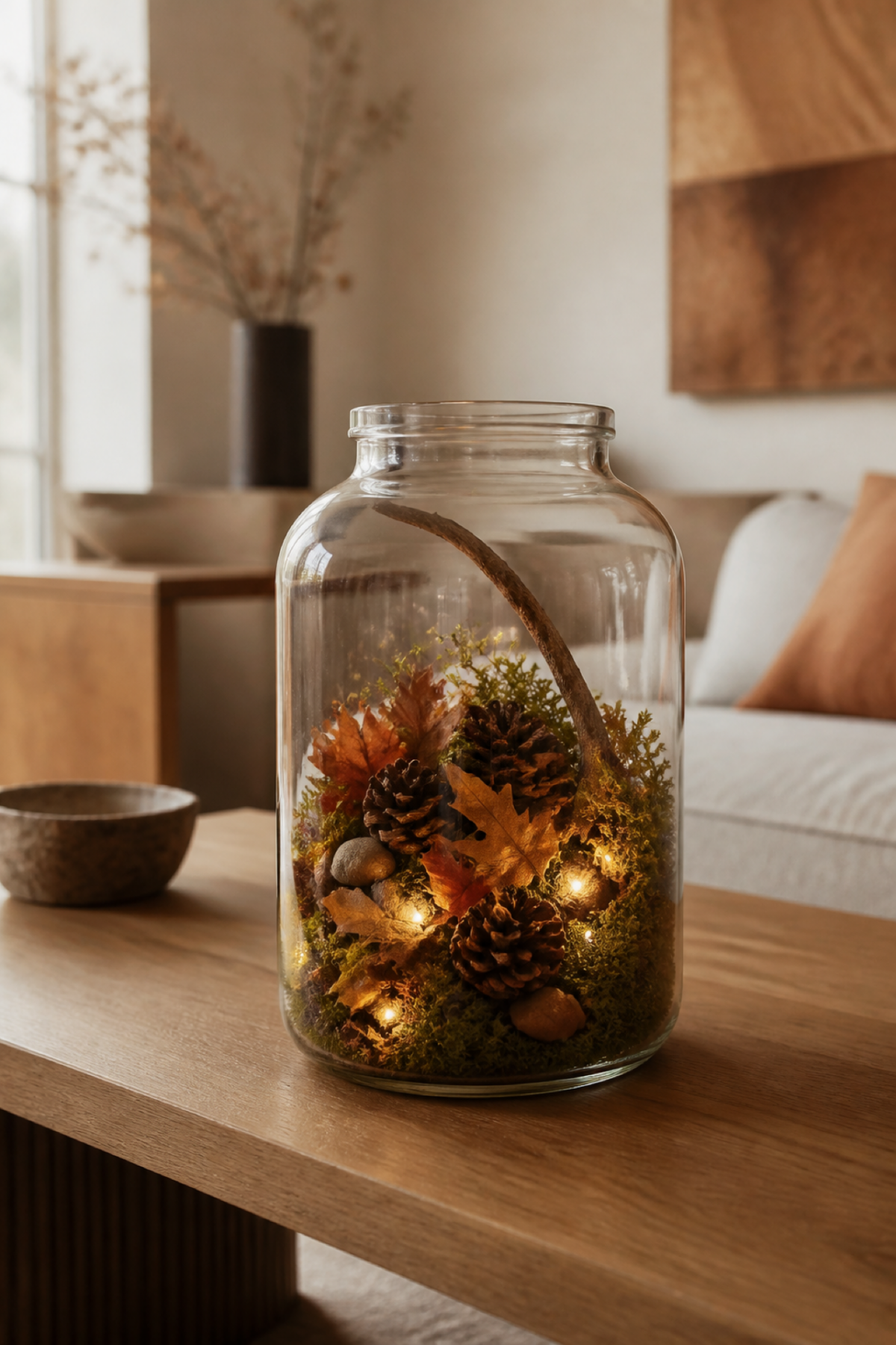 Un bocal en verre contenant une mini-forêt d’automne avec mousse, feuilles séchées et pommes de pin.