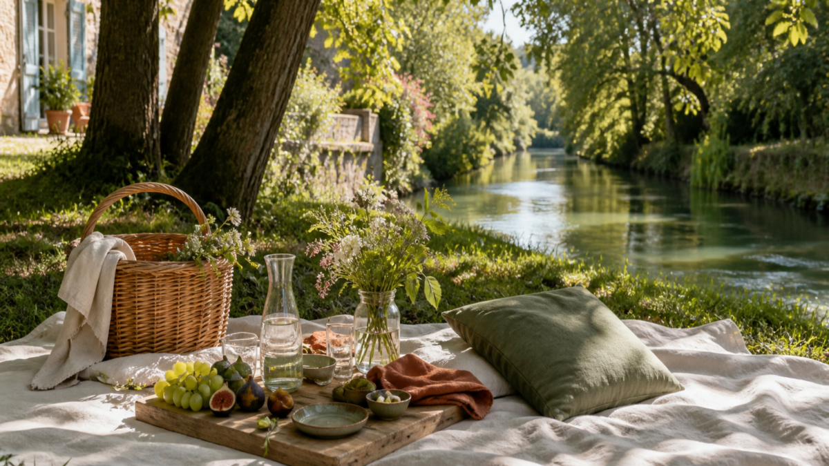 Pique-nique chic installé sous les arbres avec nappe en lin, coussins et panier en osier