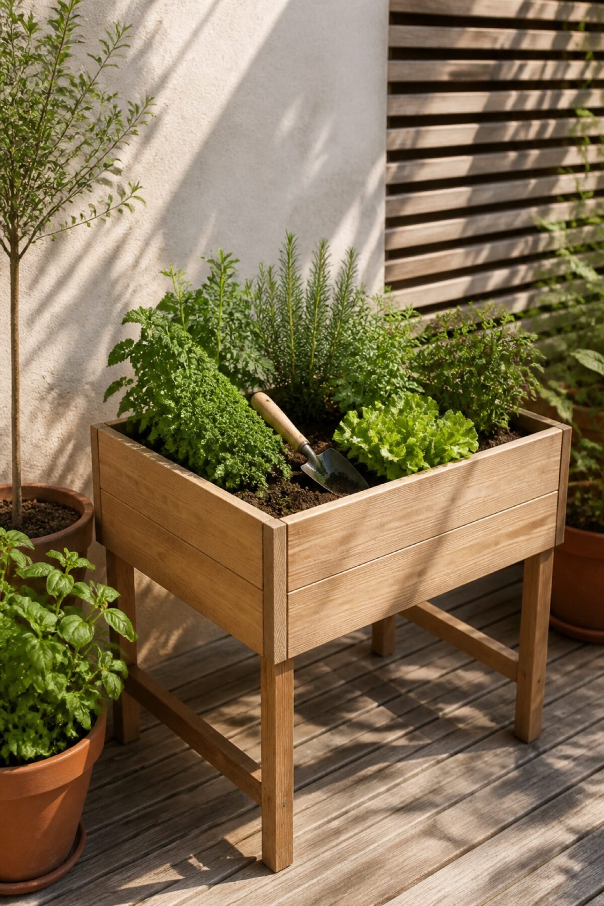 Potager sur pieds en bois rempli de laitues et d’herbes aromatiques sur une terrasse