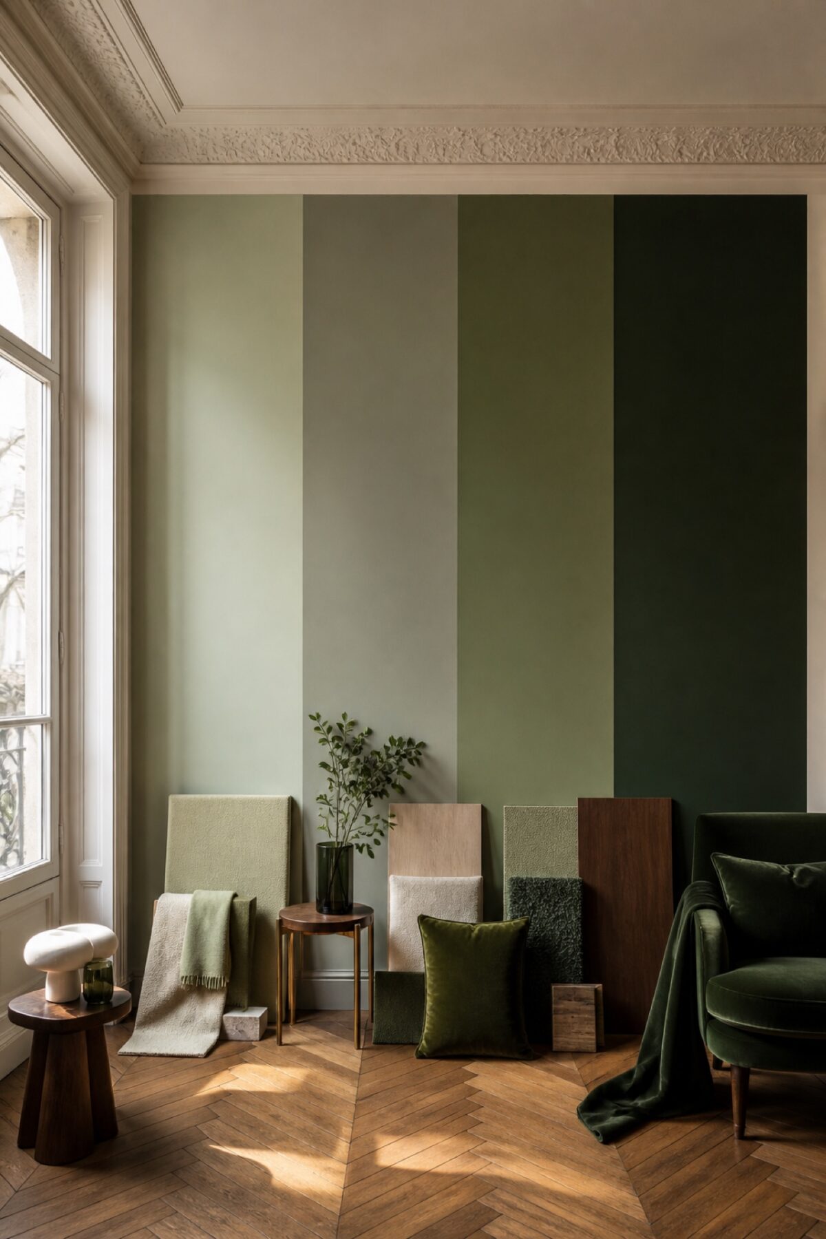 Intérieur présentant quatre nuances de vert, du kaki clair au vert forêt, avec échantillons de matières