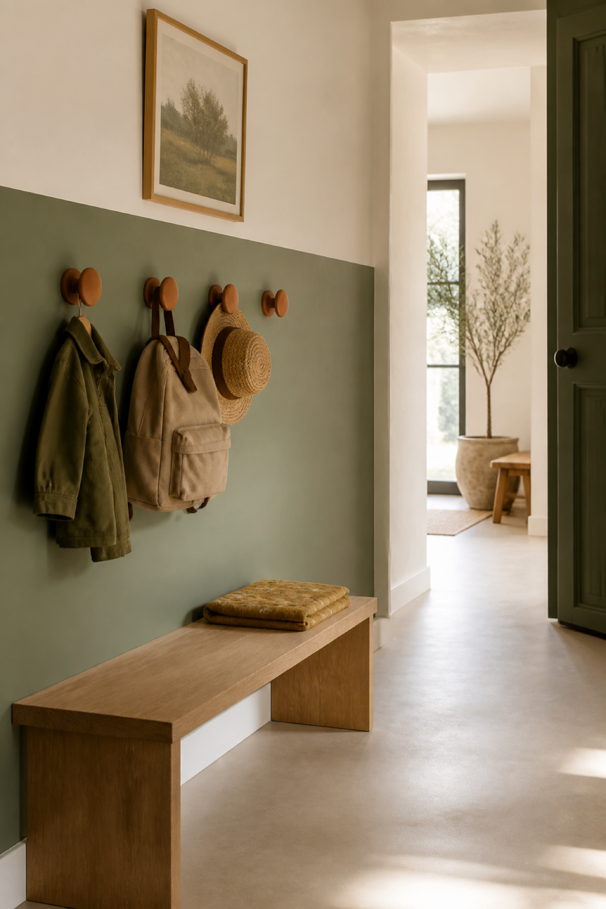 Patères enfant installées à hauteur accessible dans une entrée avec manteau, sac à dos, chapeau et banc en bois