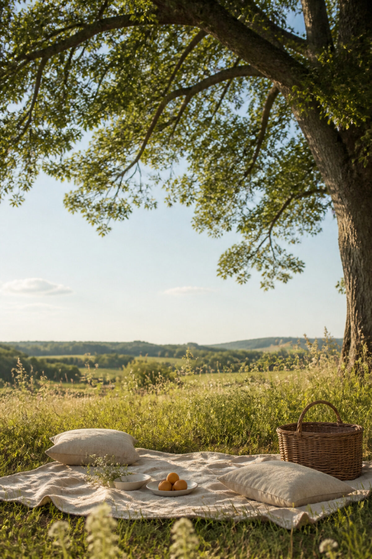 Pique-nique champêtre installé sous un grand arbre avec panier et coussins