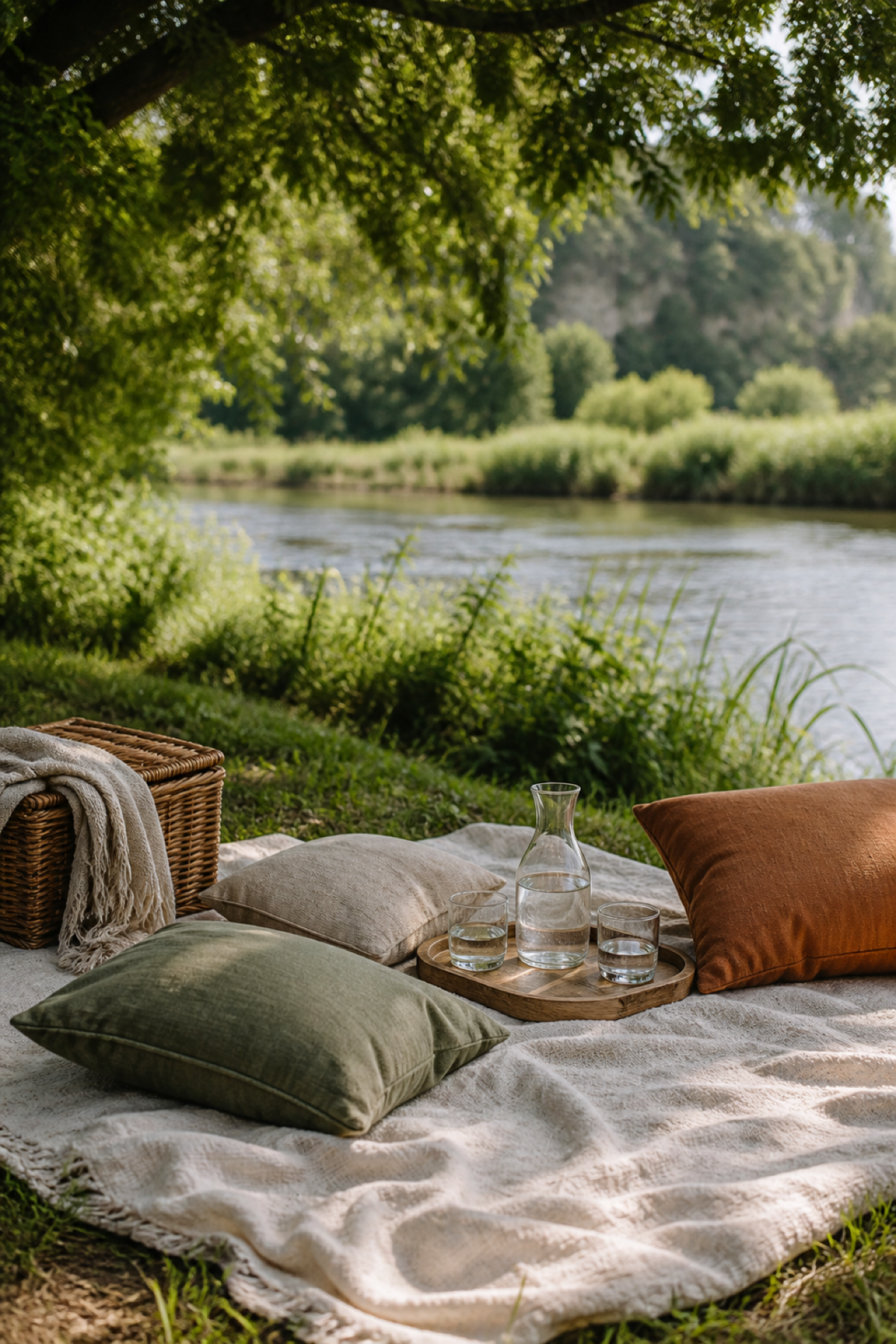 Installation de pique-nique chic au bord d’une rivière avec coussins et panier en osier