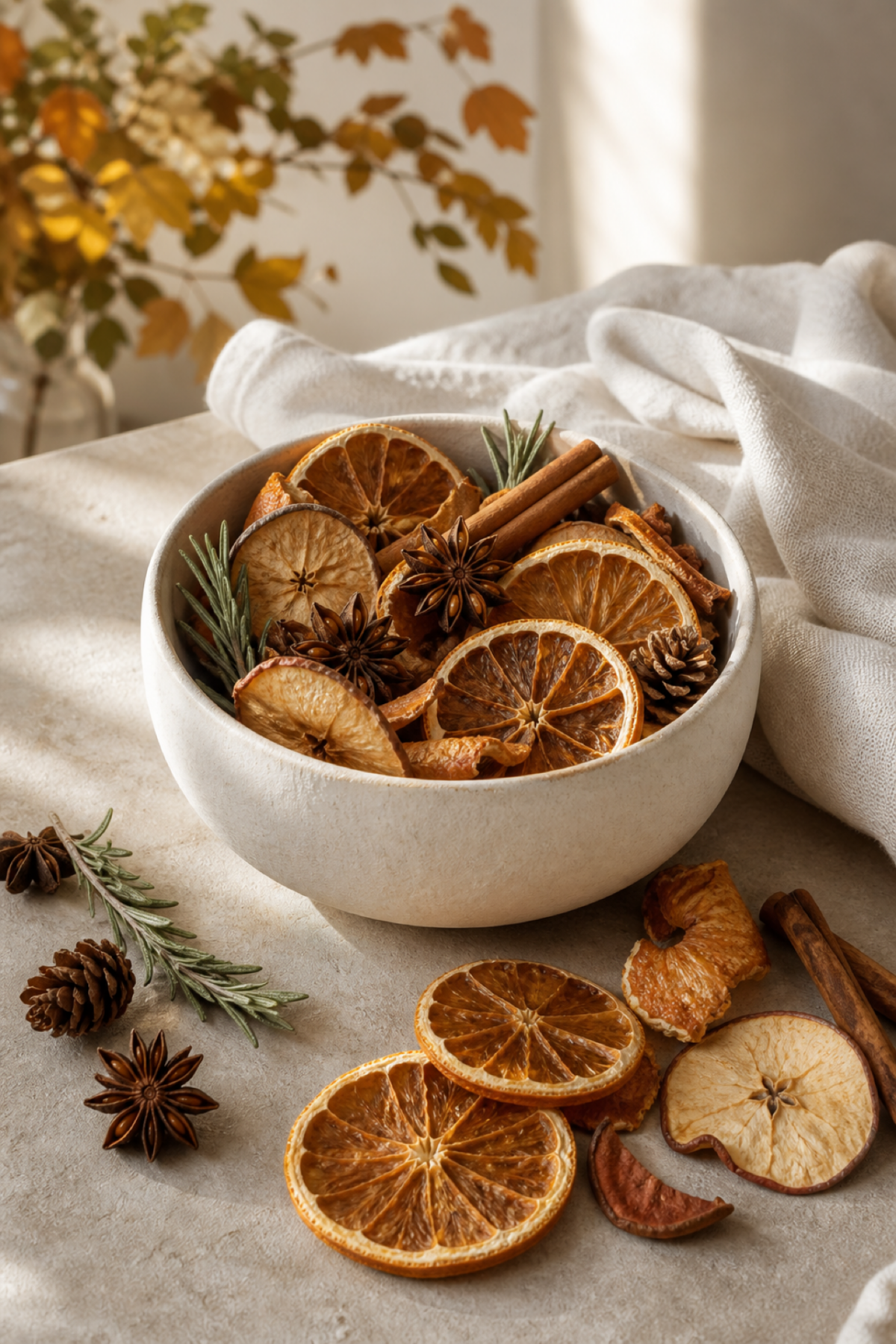 Un pot en céramique rempli d’un pot-pourri d’automne avec oranges séchées, cannelle, badiane et romarin.