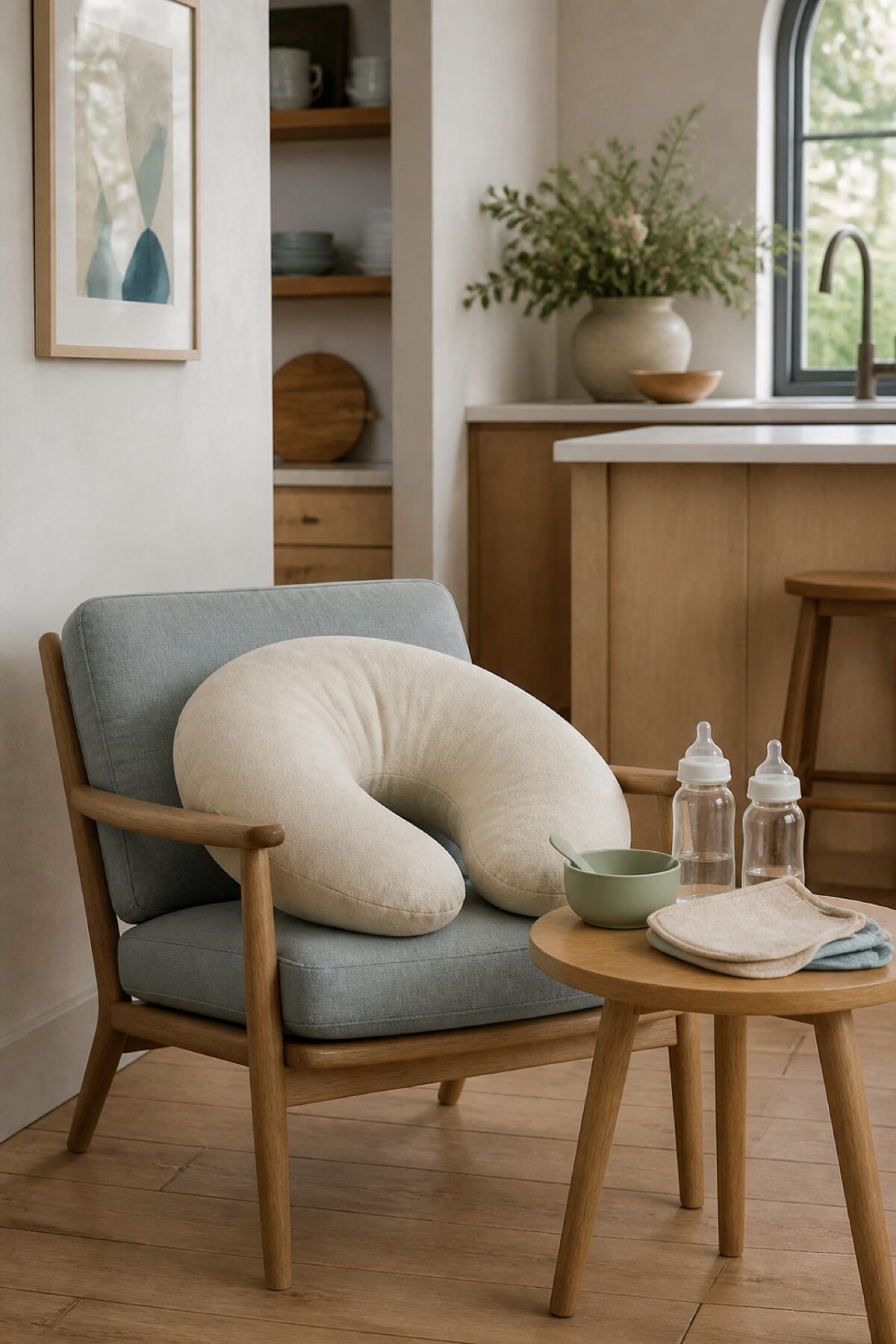 Coin repas avec coussin d’allaitement et accessoires pour bébé
