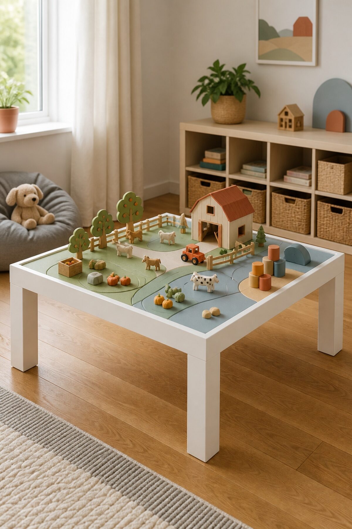 Table Lack IKEA transformée en table de jeu Playmobil pour une chambre d’enfant