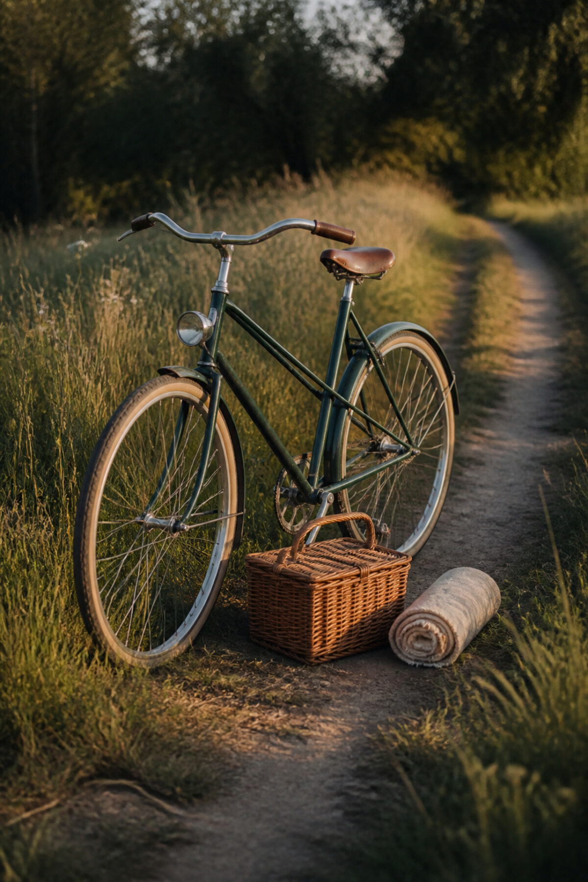 Vélo vintage posé près d’un panier de pique-nique sur un chemin de campagne
