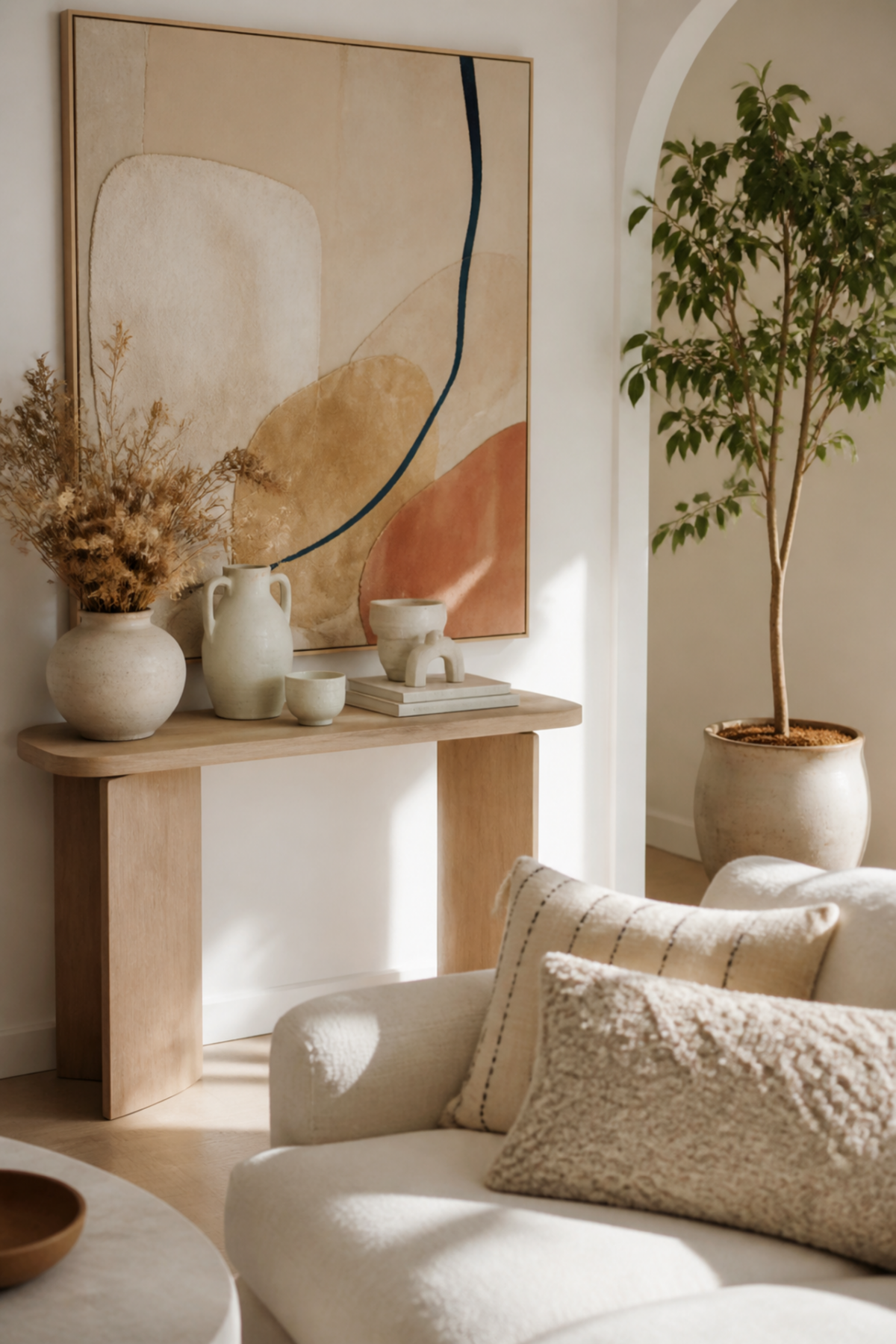 Console en bois clair avec tableau abstrait coloré et vase sculptural