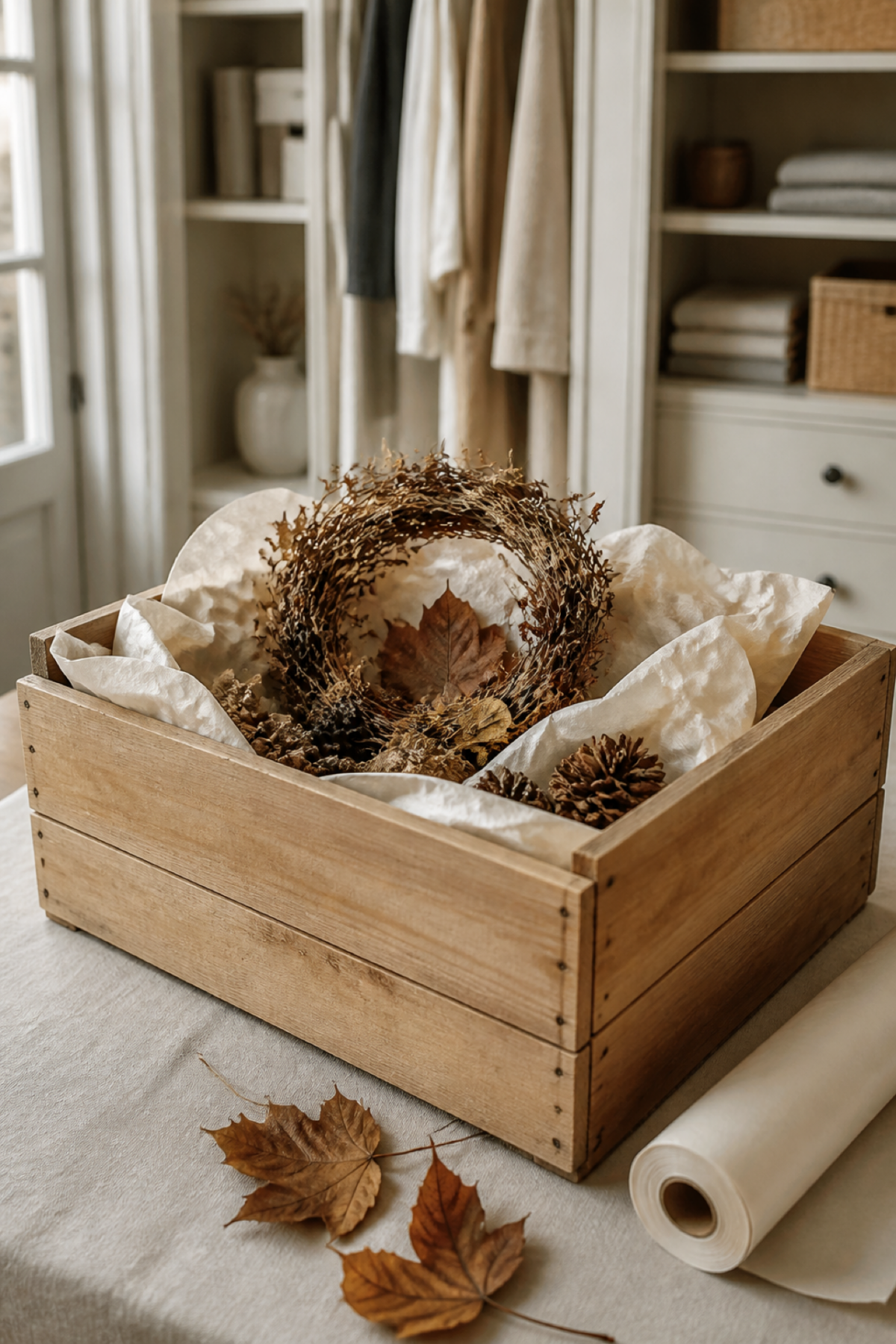 Une caisse en bois ouverte où sont rangées des décorations d’automne dans du papier de soie.