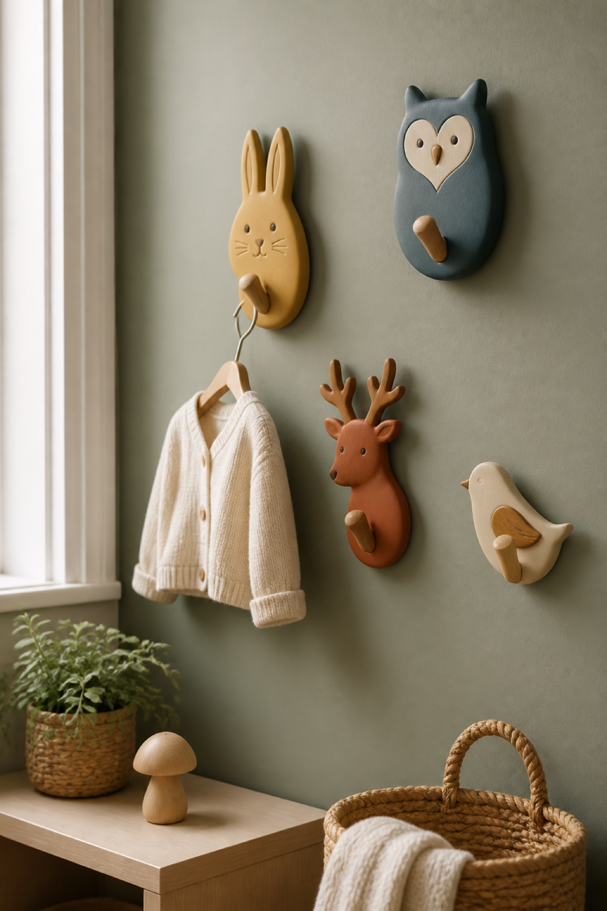 Patères enfant en forme de lapin, hibou, renne et oiseau sur un mur vert sauge