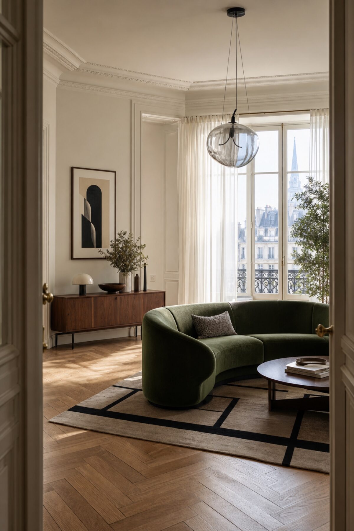 salon lumineux avec canapé vert, tapis graphique, meuble bas en noyer et grandes fenêtres
