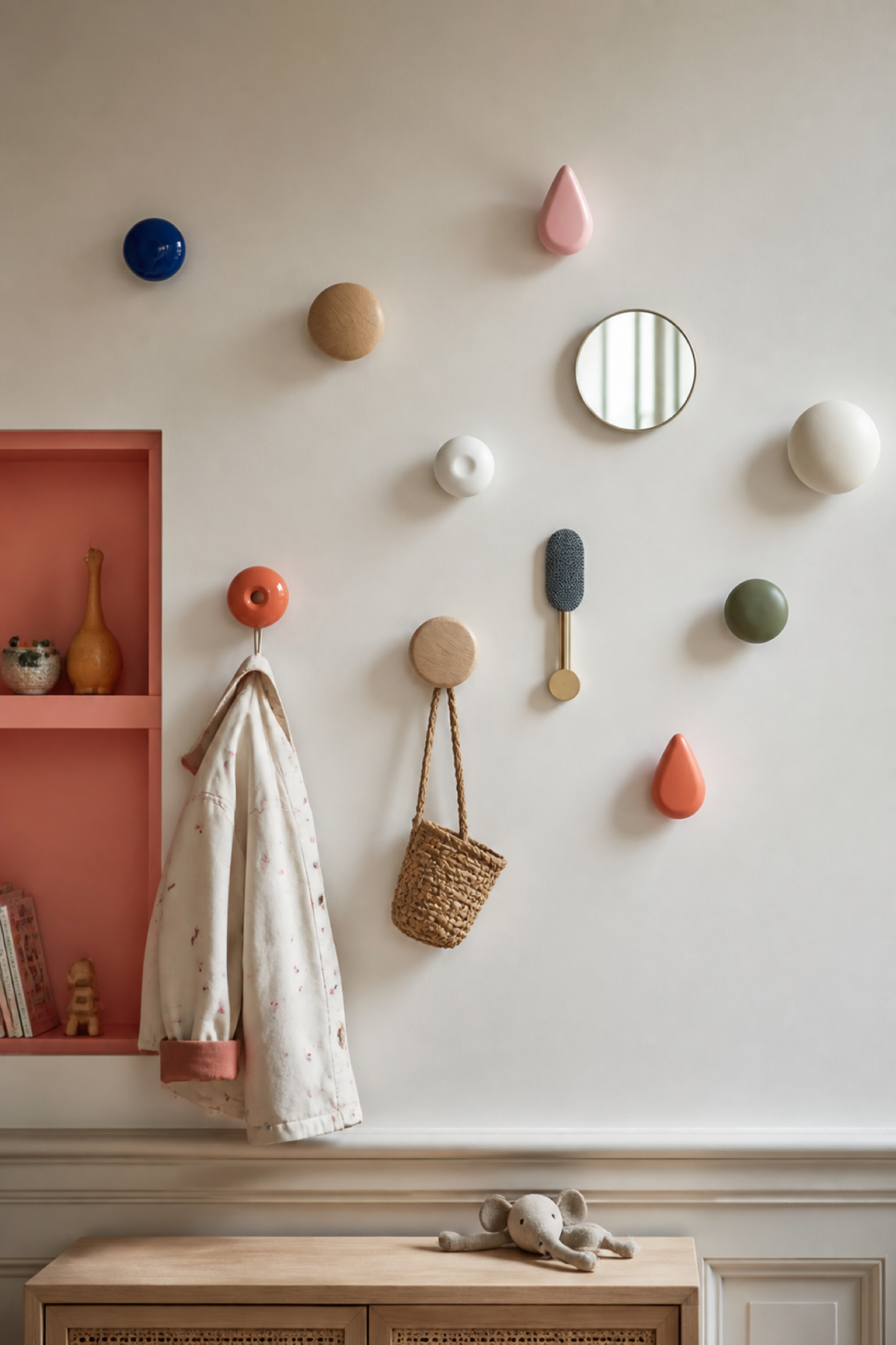 Accumulation de patères design rondes et en forme de goutte avec un petit miroir dans une chambre d’enfant