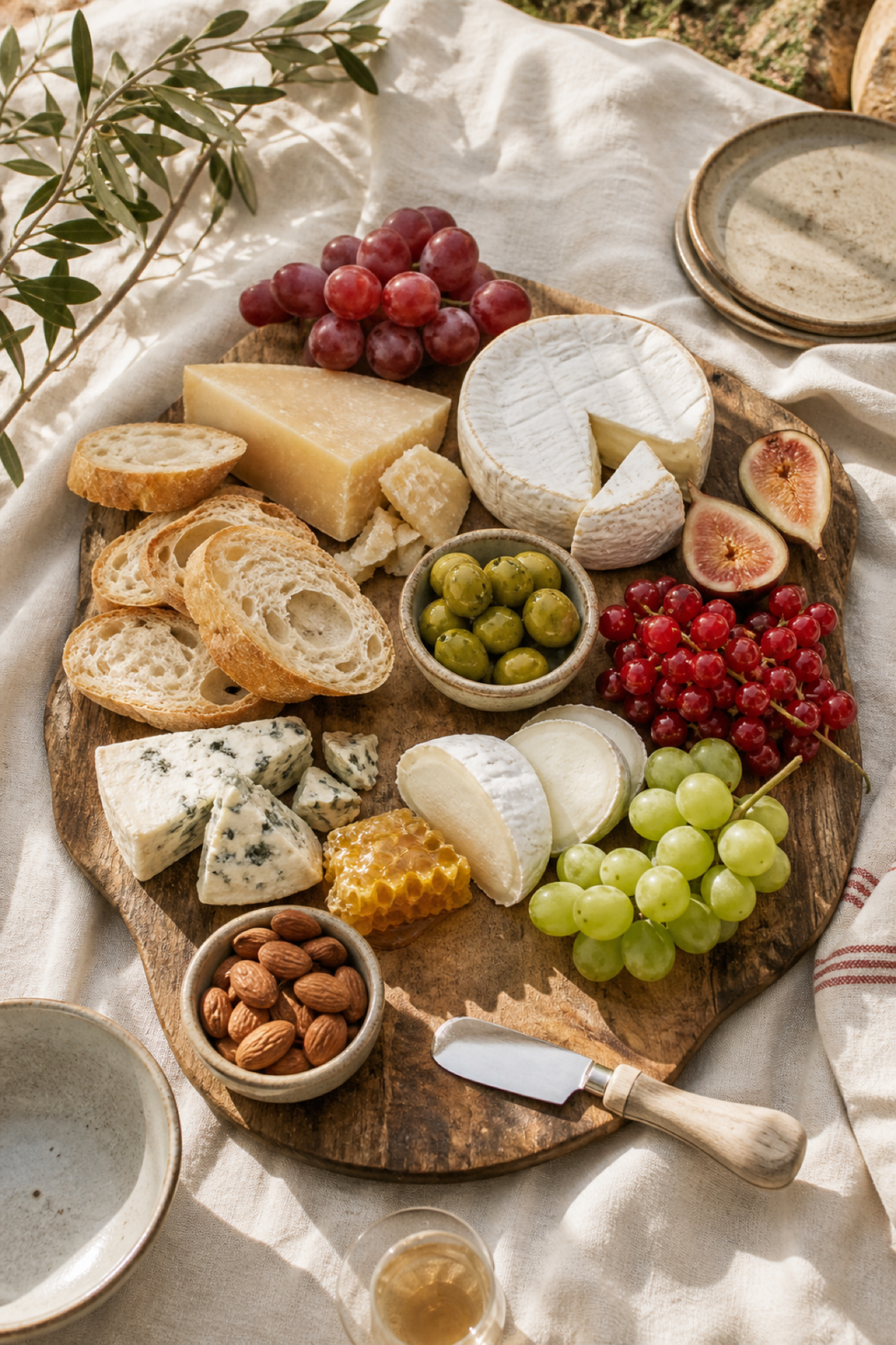 Plateau de fromages, fruits et pain préparé pour un pique-nique chic