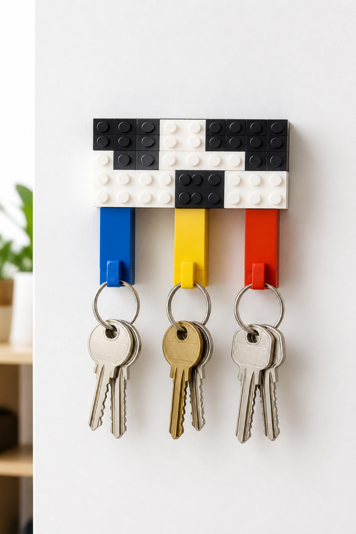 Porte-clés mural DIY composé de plaques en briques et de trois attaches colorées.