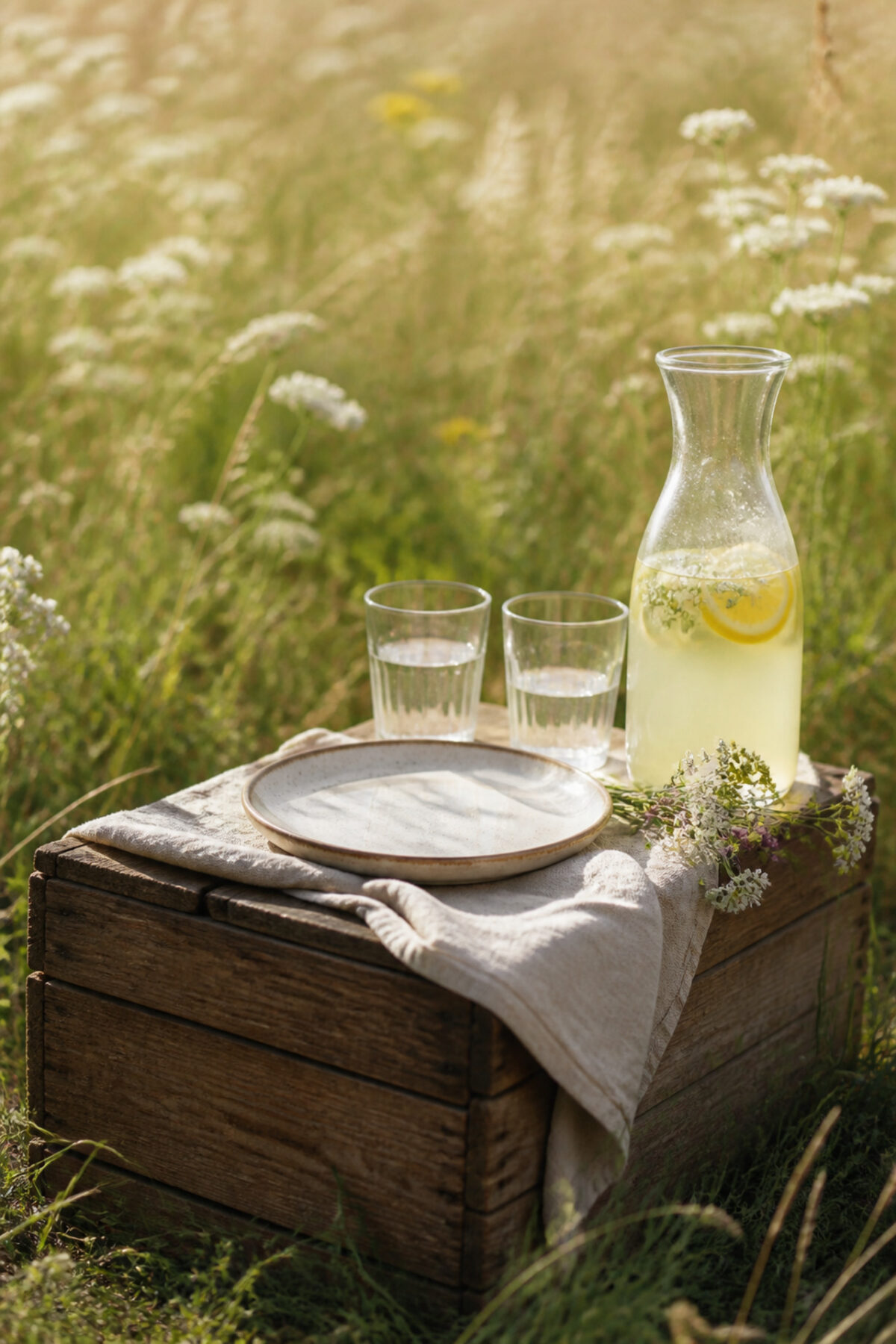 Table basse en caisse de bois avec citronnade, vaisselle et fleurs des champs