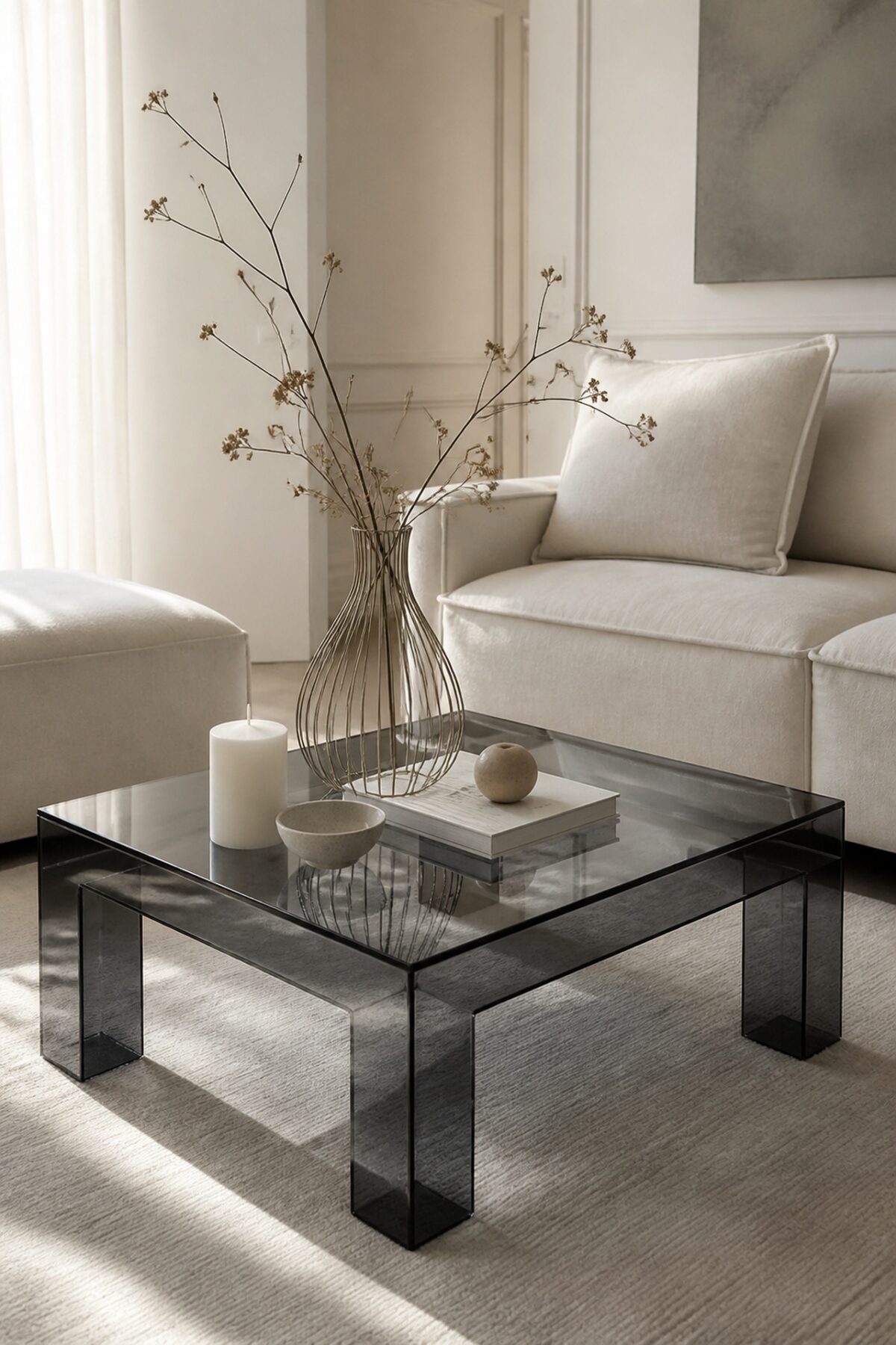 Détail d’une table Lack avec plateau miroir fumé et bougie