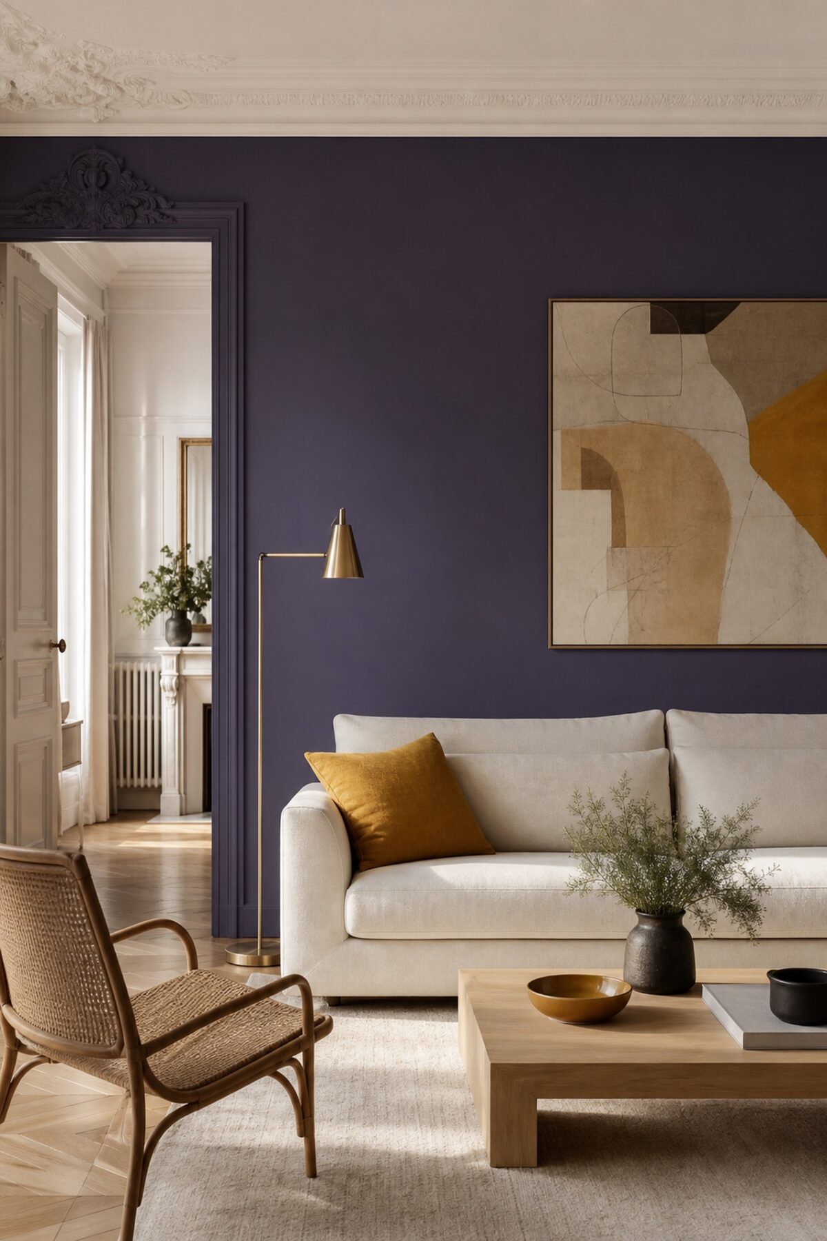 Salon violet profond avec coussin jaune moutarde et lampe en laiton.