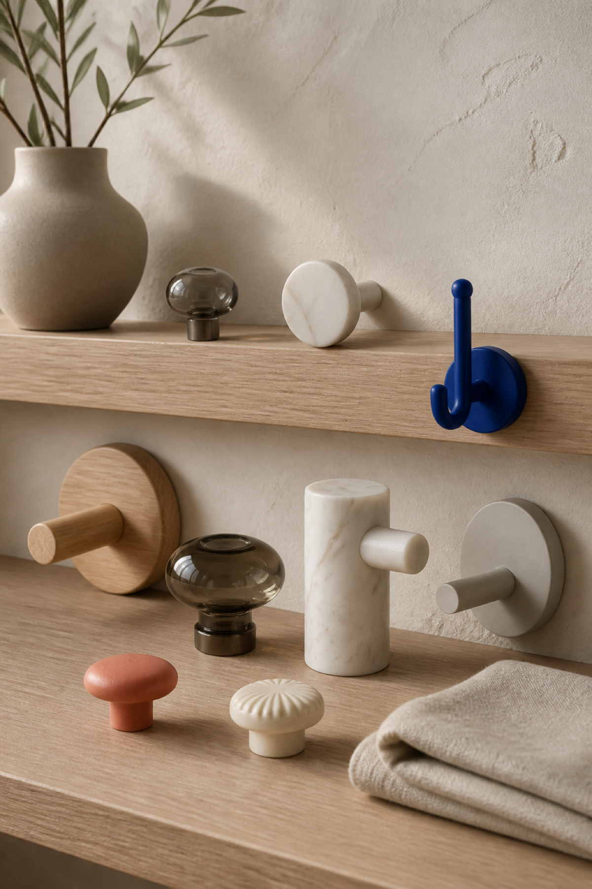 Sélection de patères en bois, céramique, verre, marbre et métal présentées sur une étagère