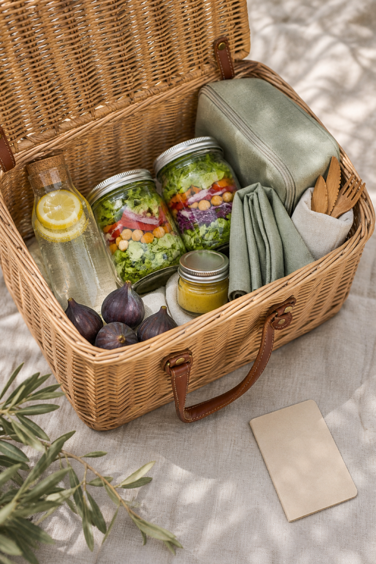 Panier de pique-nique organisé avec bocaux en verre, serviettes et boissons